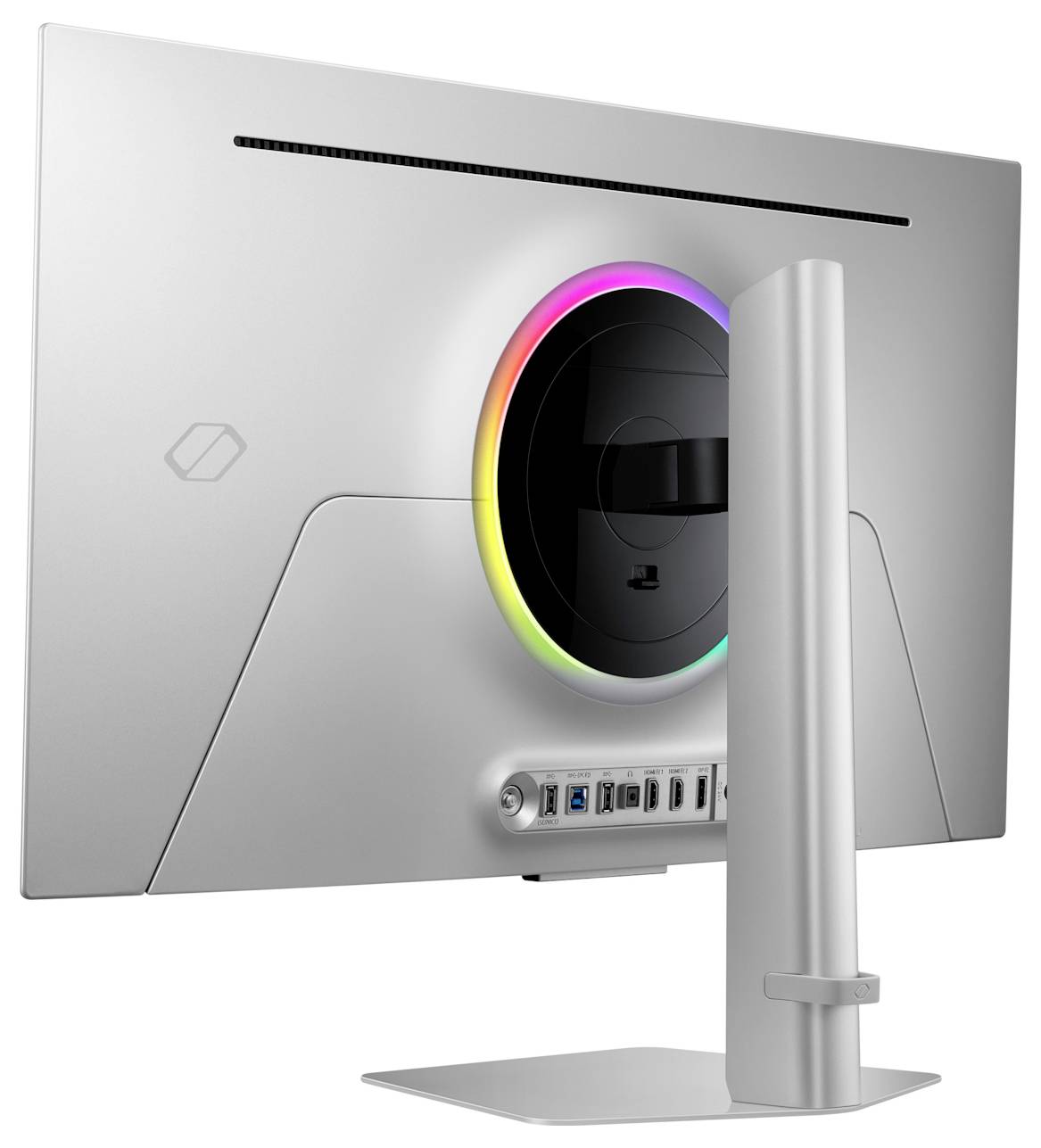 Ein silberner Computermonitor, von hinten gesehen, mit einem kreisförmigen LED-Licht um die Standbasis und mehreren Anschlussports.