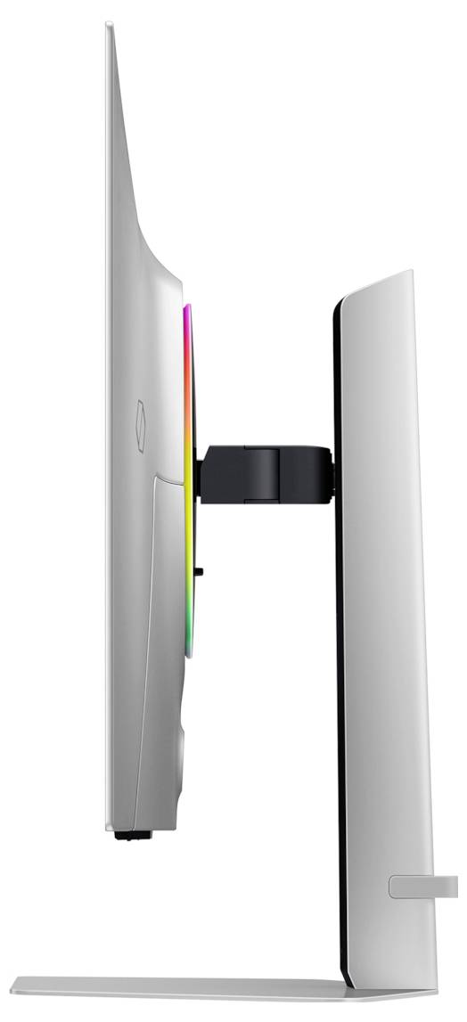 Eine Seitenansicht eines schlanken, modernen Computermonitors mit dünnem Profil, montiert auf einem stabilen Ständer, mit dezenten LED-Beleuchtungen an der Rückseite.