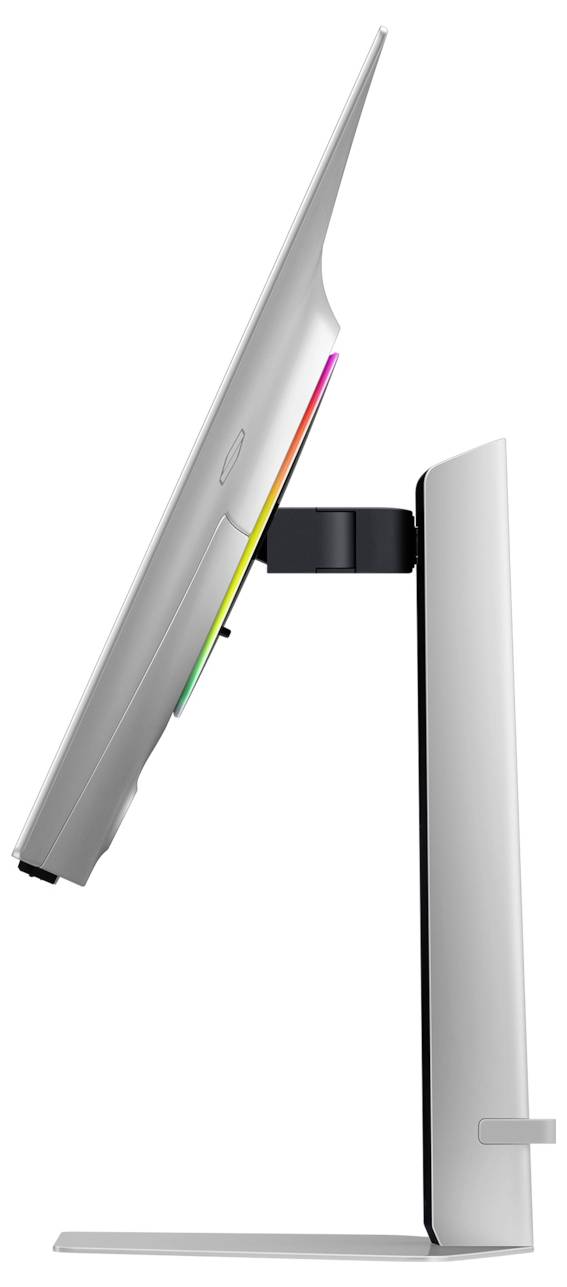 Eine Seitenansicht eines schlanken, modernen Computermonitors mit einem eleganten Ständer und dezenter Regenbogenbeleuchtung auf dem Rückenpanel.