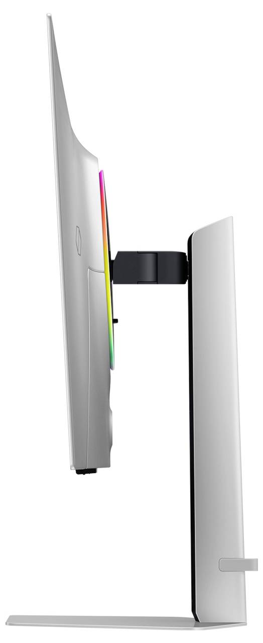 Seitenansicht eines dünnen, modernen Computermonitors mit einem minimalistischen Ständer, der ein schlankes Design und einen leicht geschwungenen Bildschirm präsentiert.