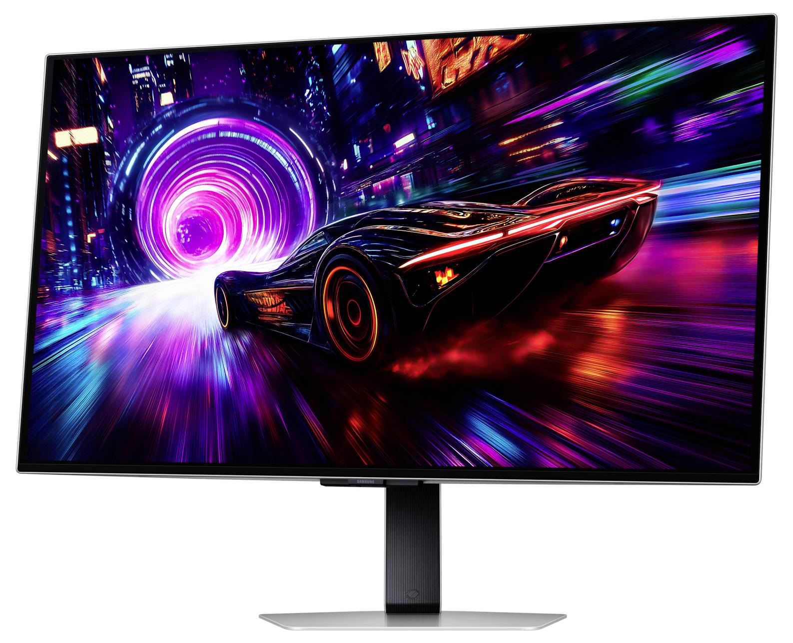 Ein futuristisches Auto rast durch einen neonbeleuchteten Tunnel und hinterlässt Lichtstreifen in verschiedenen Farben, was hohe Energie und fortschrittliche Technologie andeutet.