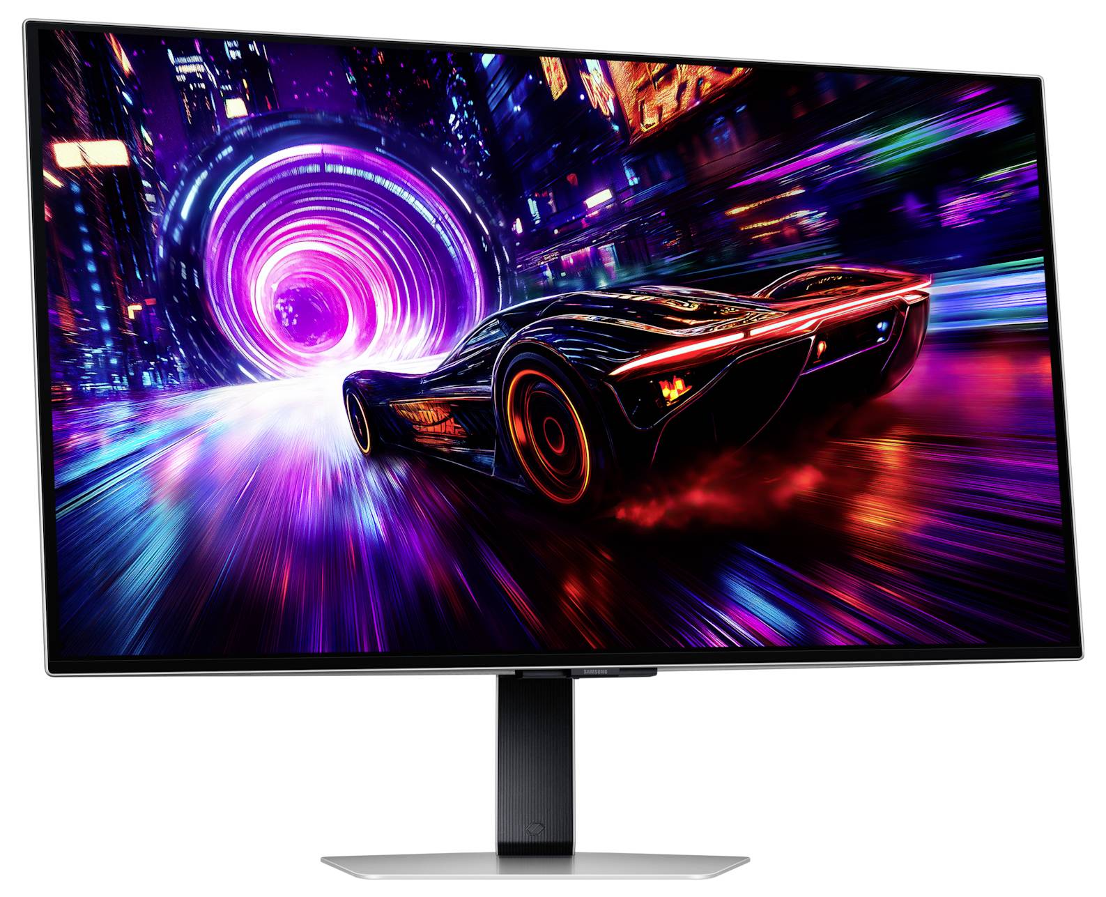 Ein futuristisches Auto rast durch einen neonbeleuchteten Tunnel und hinterlässt leuchtende Lichtspuren. Die Umgebung ist urban und von High-Tech-Atmosphäre geprägt.