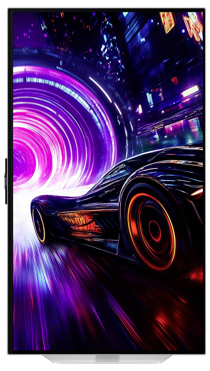 Ein futuristisches Auto rast durch eine neonbeleuchtete Stadtlandschaft und hinterlässt Lichtspuren, während sich ein leuchtender Tunnel im Hintergrund befindet.