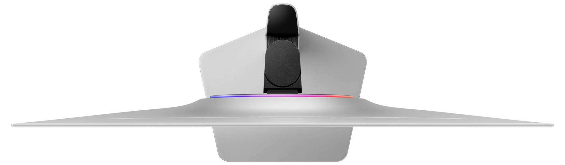 Eine Draufsicht eines schlanken Monitors mit einem geschwungenen Ständer, mit einem zentralen Scharnier und dezenten farbigen Beleuchtungselementen entlang der Basis.
