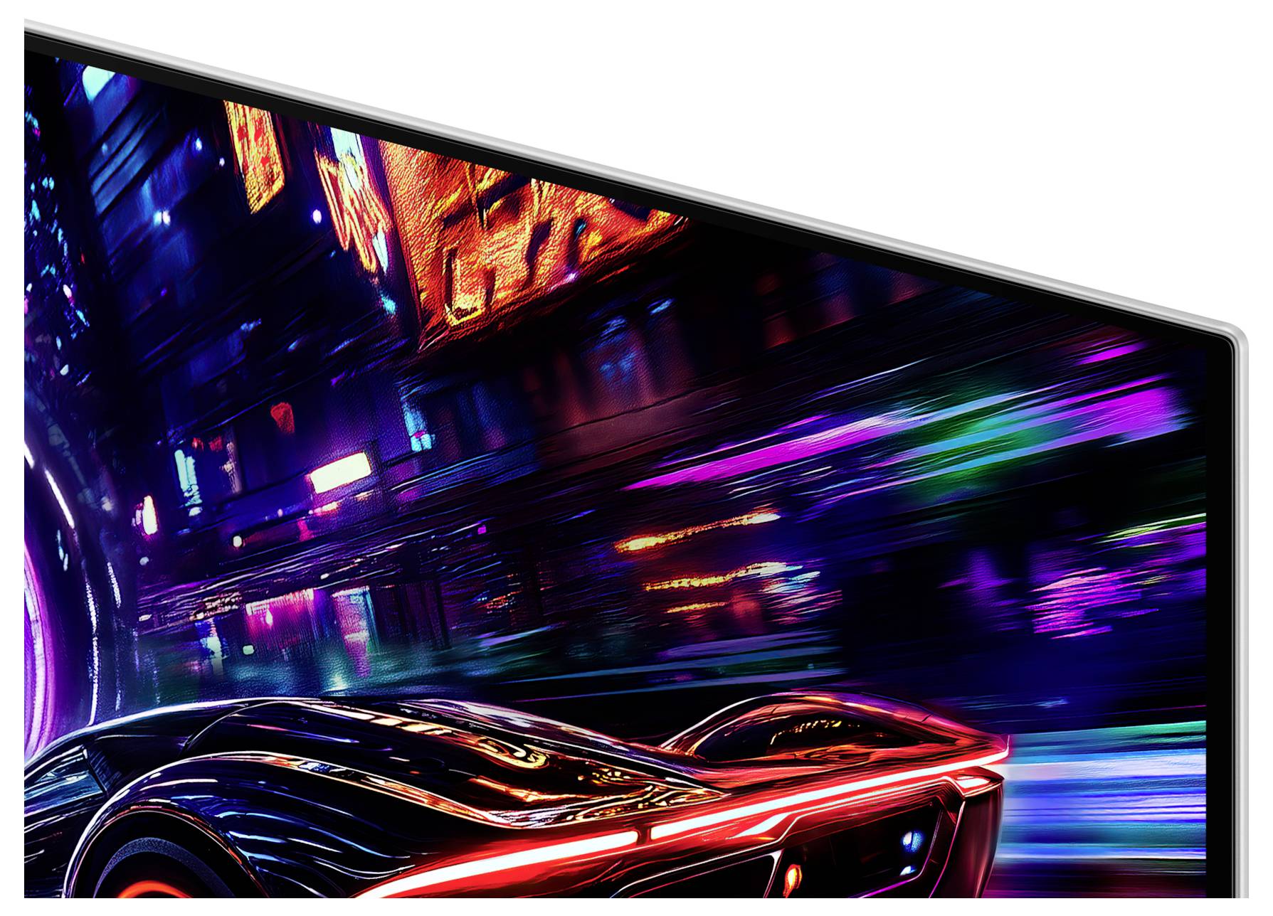 Ein schlankes Sportwagen rast durch eine farbenfrohe, neonbeleuchtete futuristische Stadtlandschaft und hebt fortschrittliche Technologie und pulsierendes urbanes Leben hervor.