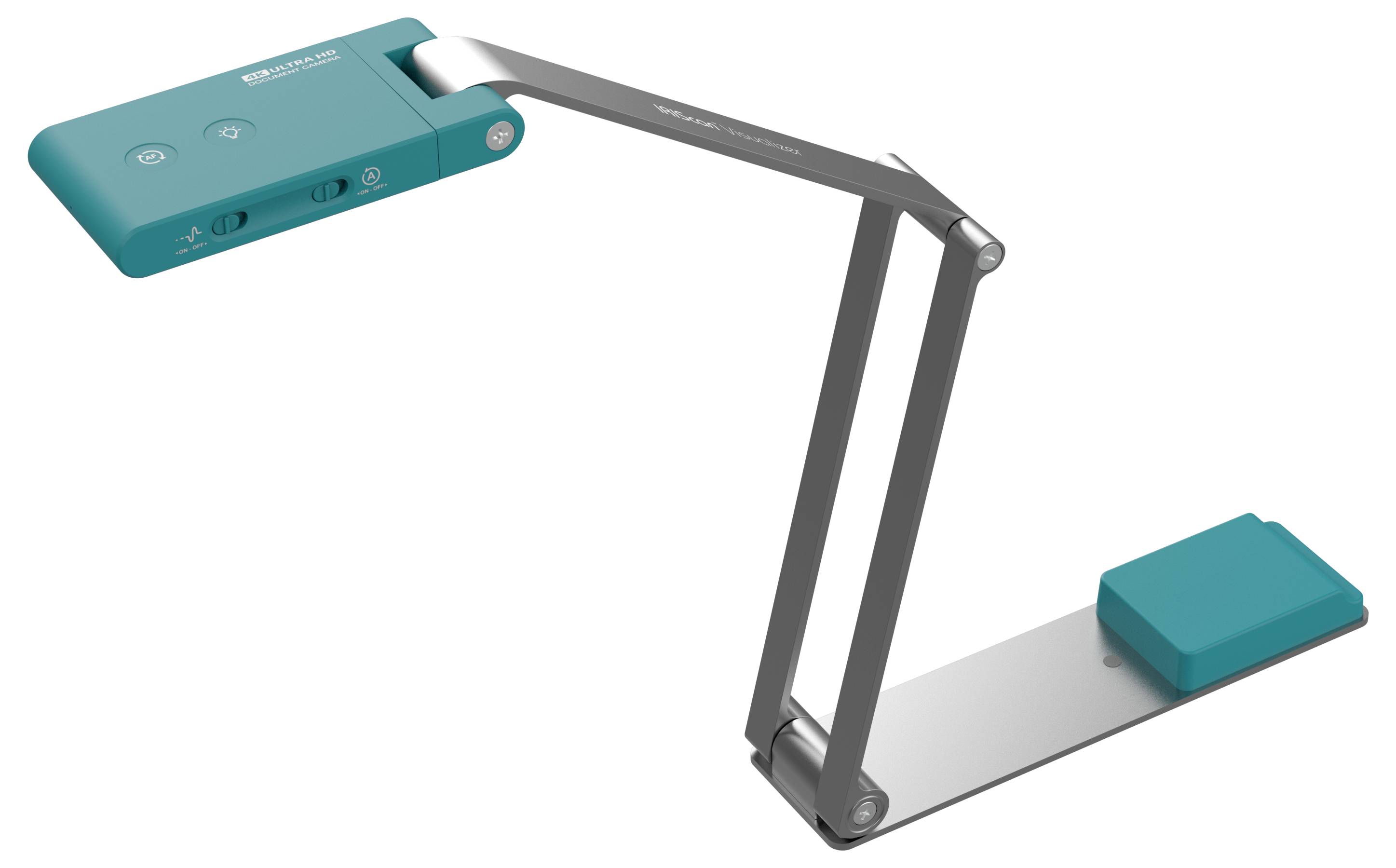 Eine petrol- und graue verstellbare Schreibtischlampe mit modernem Design, ausgestattet mit einem flexiblen Arm und einer stabilen Basis.