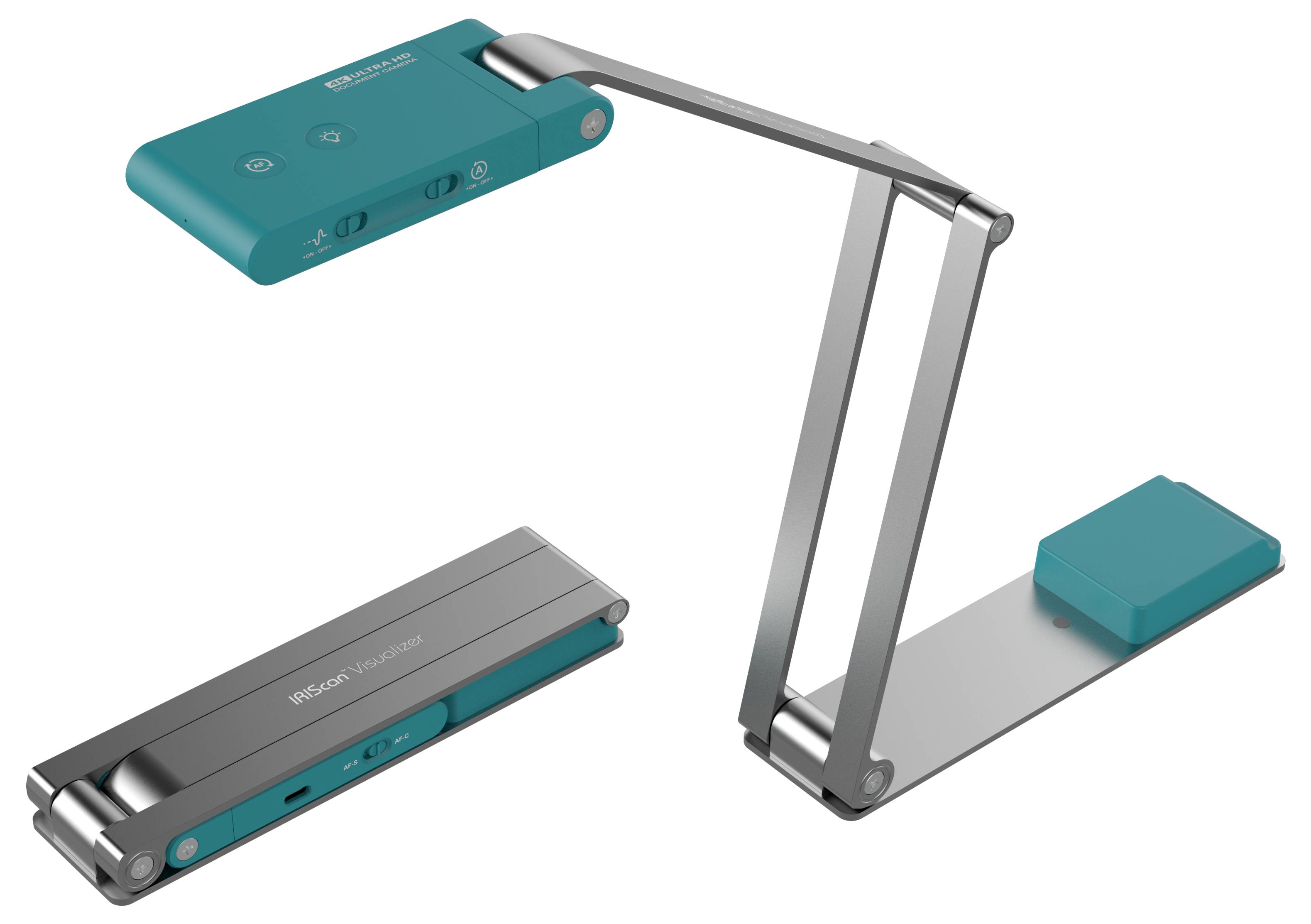 Eine faltbare LED-Schreibtischlampe mit einem türkisfarbenen Gehäuse, ausgestattet mit Touchsteuerung und einem eleganten, modernen Design, das sich perfekt für zeitgenössische Innenräume eignet.