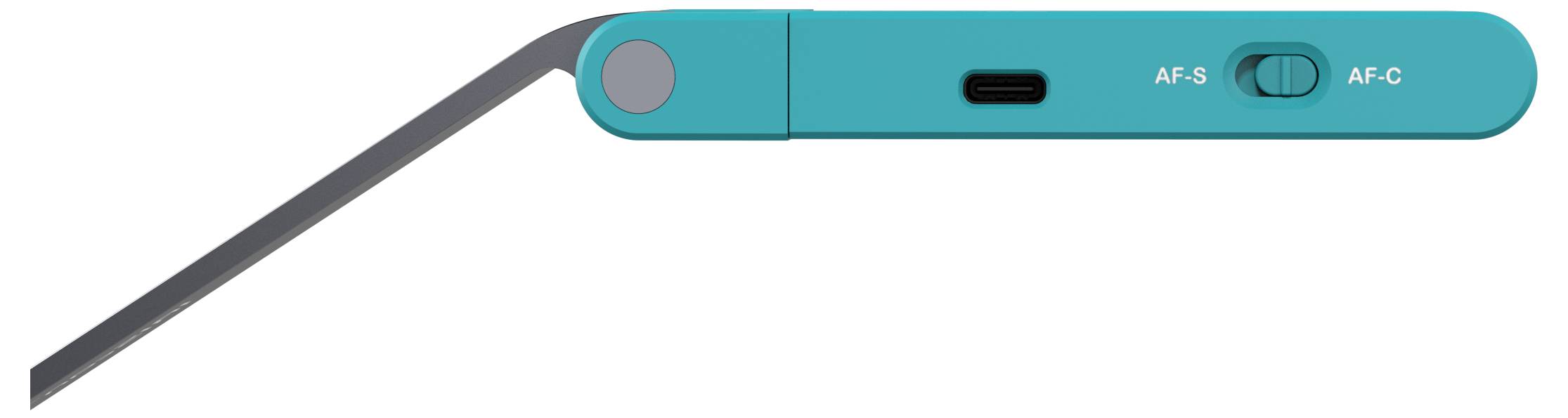 'Aquablade' Elektro-Ventilatorflügel mit metallischer Kante, türkisfarbenem Griff, USB-C-Anschluss und AF-S/AF-C-Schalter, für platzsparende Lagerung abgewinkelt.