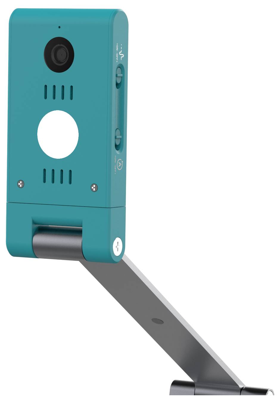 Eine türkisfarbene Webcam, die auf einem silbernen Ständer montiert ist und eine Kameralinse sowie eine kreisförmige Öffnung darunter aufweist, die für Videokonferenzen oder Streaming entwickelt wurde.