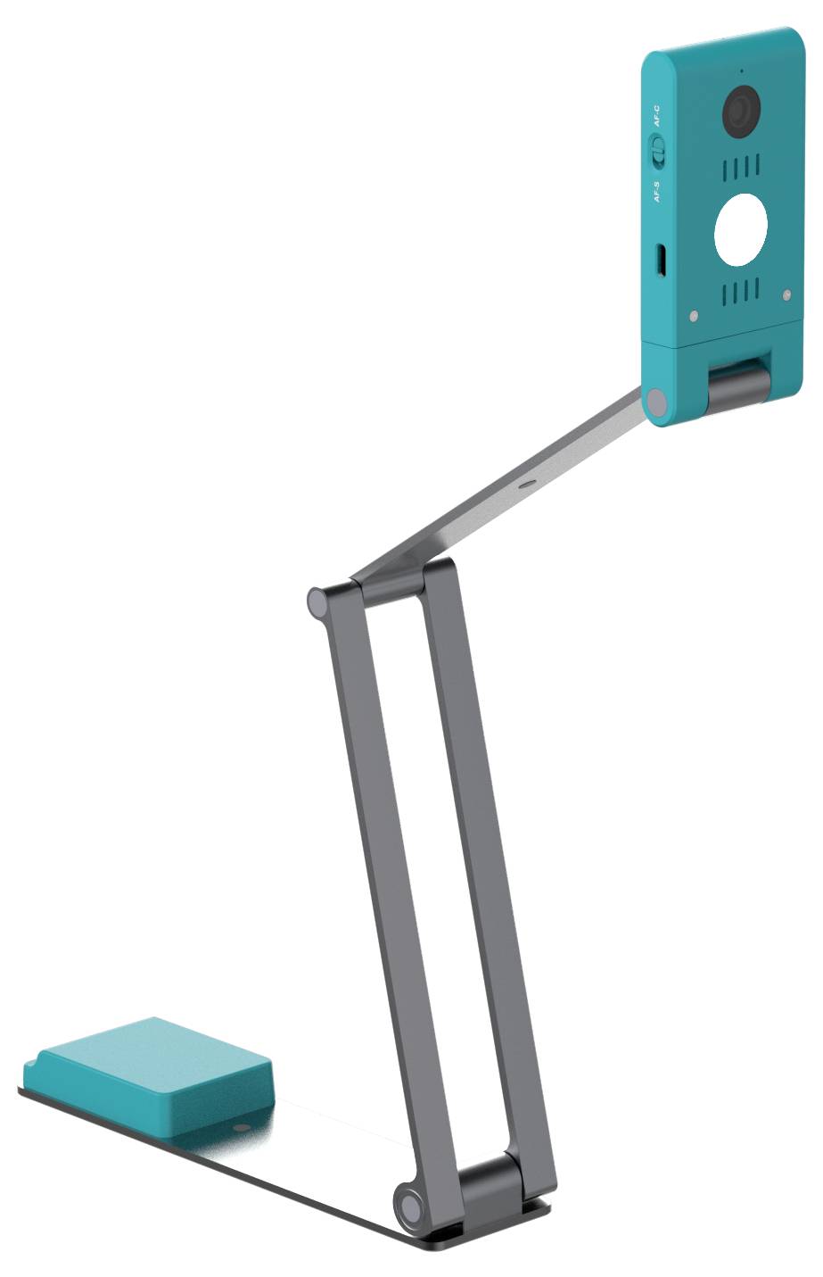 Eine türkisfarbene und schwarze verstellbare Schreibtischlampe mit modernem Design, bestehend aus einer rechteckigen Basis und einem geometrischen Arm, der die Lichtquelle trägt.