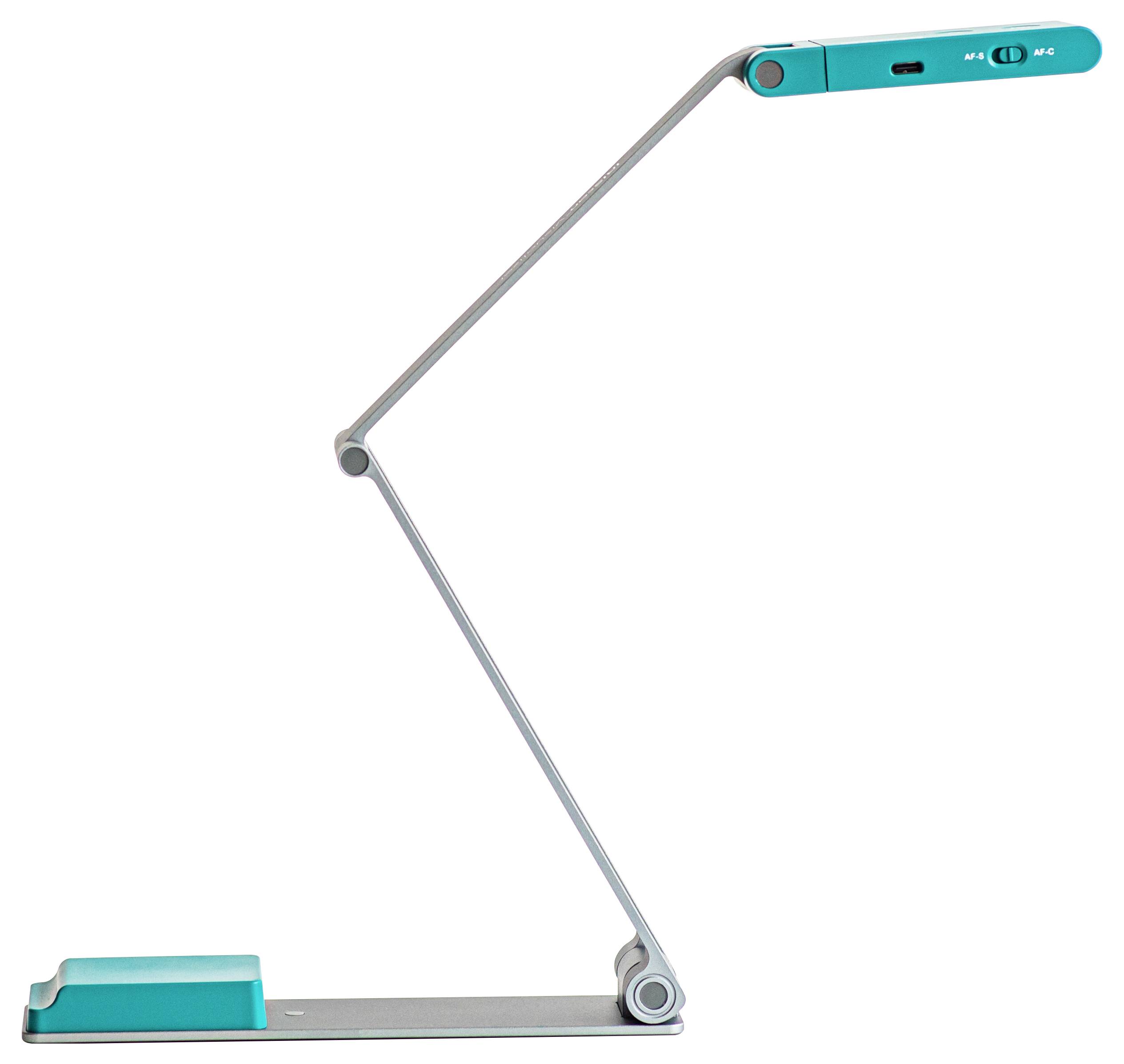 Eine schlanke, moderne Schreibtischlampe mit einem verstellbaren Arm und einem türkisfarbenen Lampenkopf, der für eine effiziente Beleuchtung ausgerichtet ist.