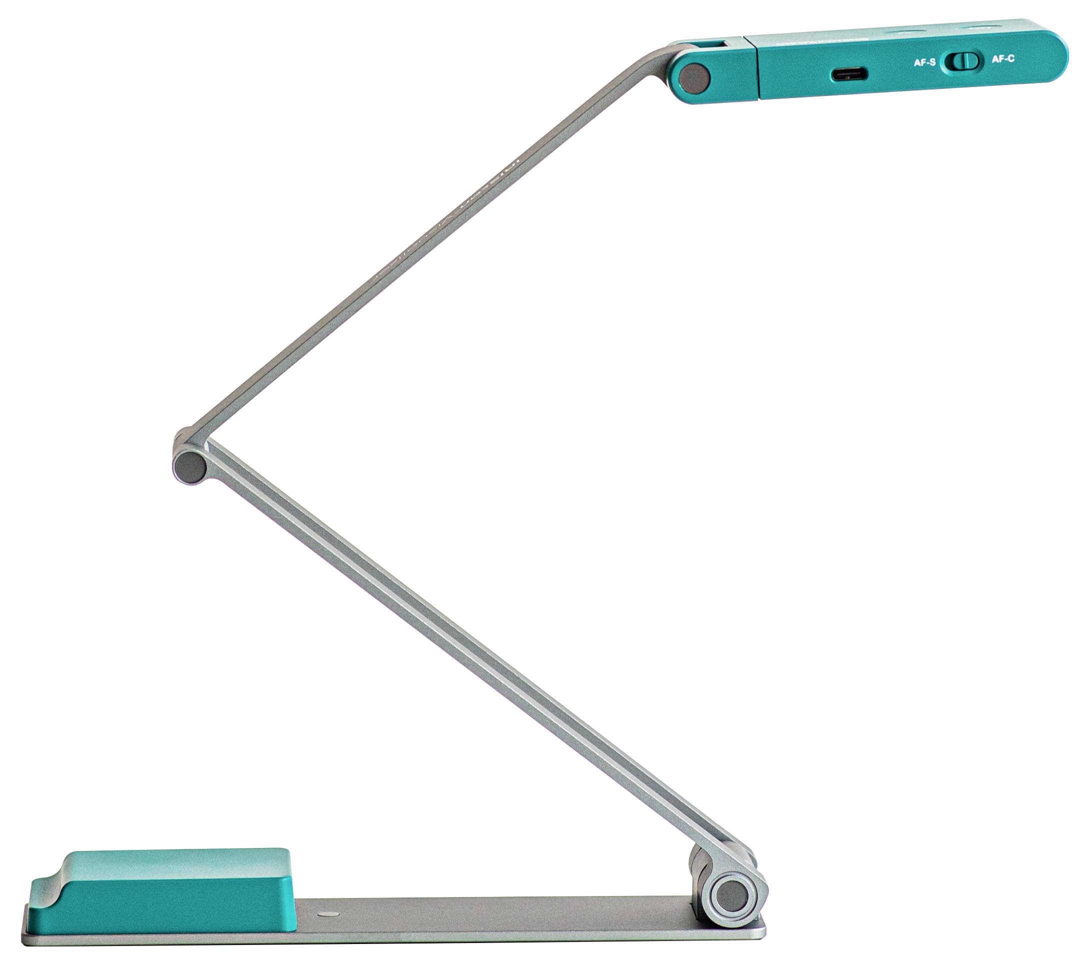 Eine moderne, minimalistische Schreibtischlampe mit einem schmalen, verstellbaren Arm und einem türkisfarbenen Kopf, die ein schlankes, stromlinienförmiges Design aufweist.