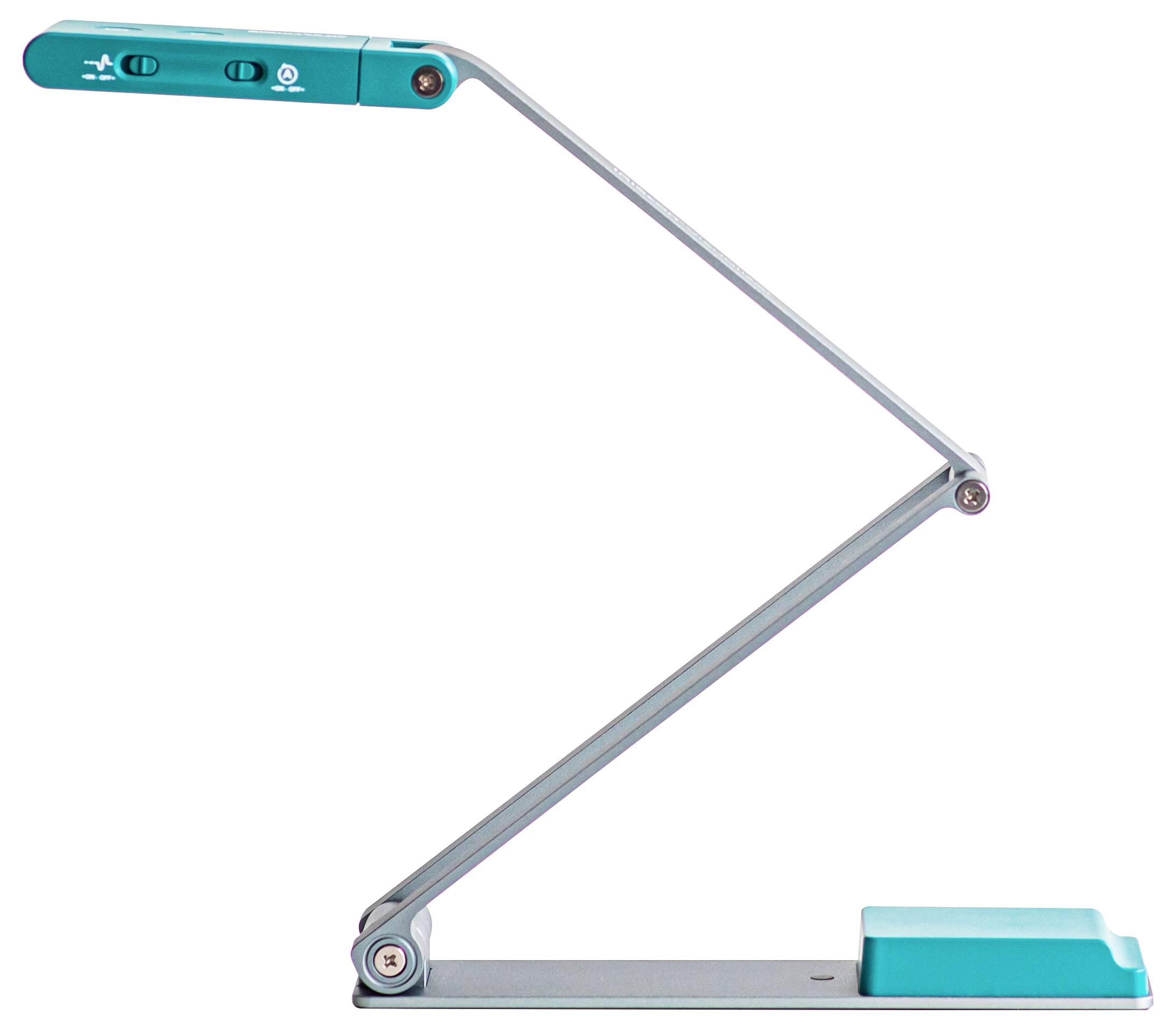 Eine moderne, schlichte Schreibtischlampe mit einem türkisfarbenen Kopf und Fuß, die durch einen schmalen, verstellbaren Metallarm miteinander verbunden sind, vor einem weißen Hintergrund.