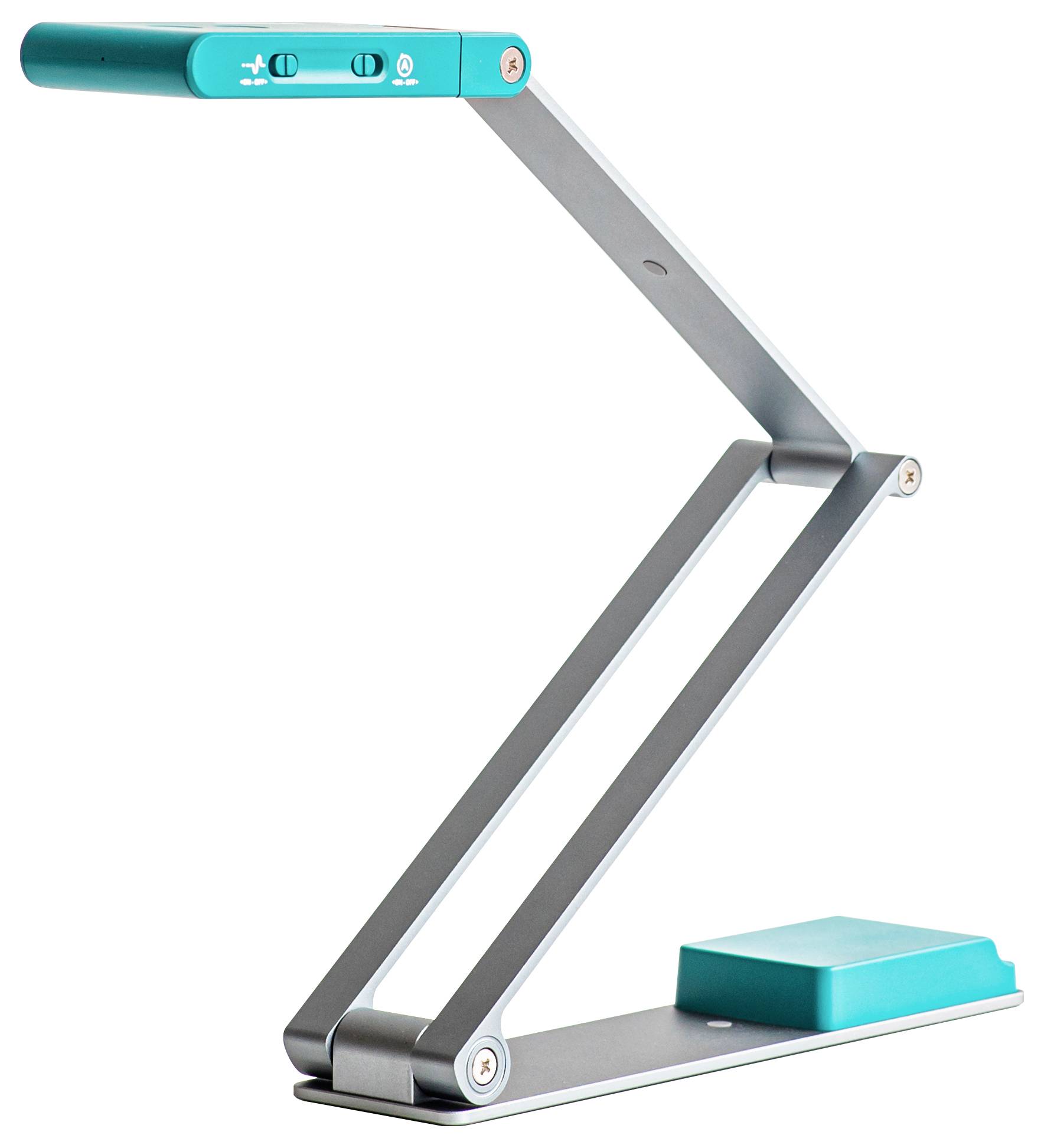 Eine moderne, silberne Schreibtischlampe mit einem blauen, rechteckigen Leuchtenkopf und Fuß, ausgestattet mit einem eckigen, verstellbaren Arm zum Ausrichten des Lichts.