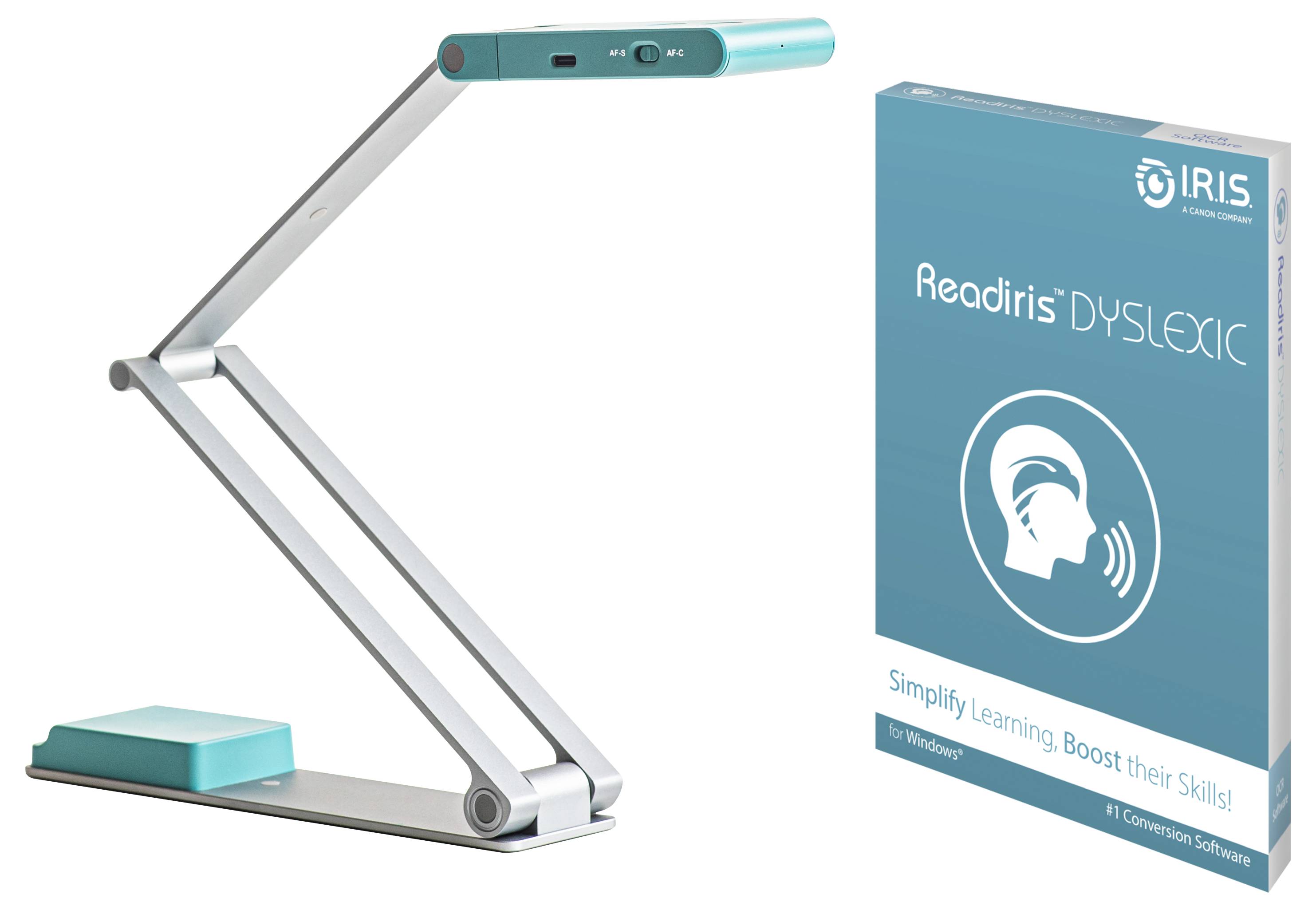 Ein türkisfarbener und grauer Dokumentenscanner neben einer Readiris Dyslexic Softwarebox, die zum Umwandeln von Text in Audio verwendet wird, um Nutzern mit Legasthenie zu helfen.