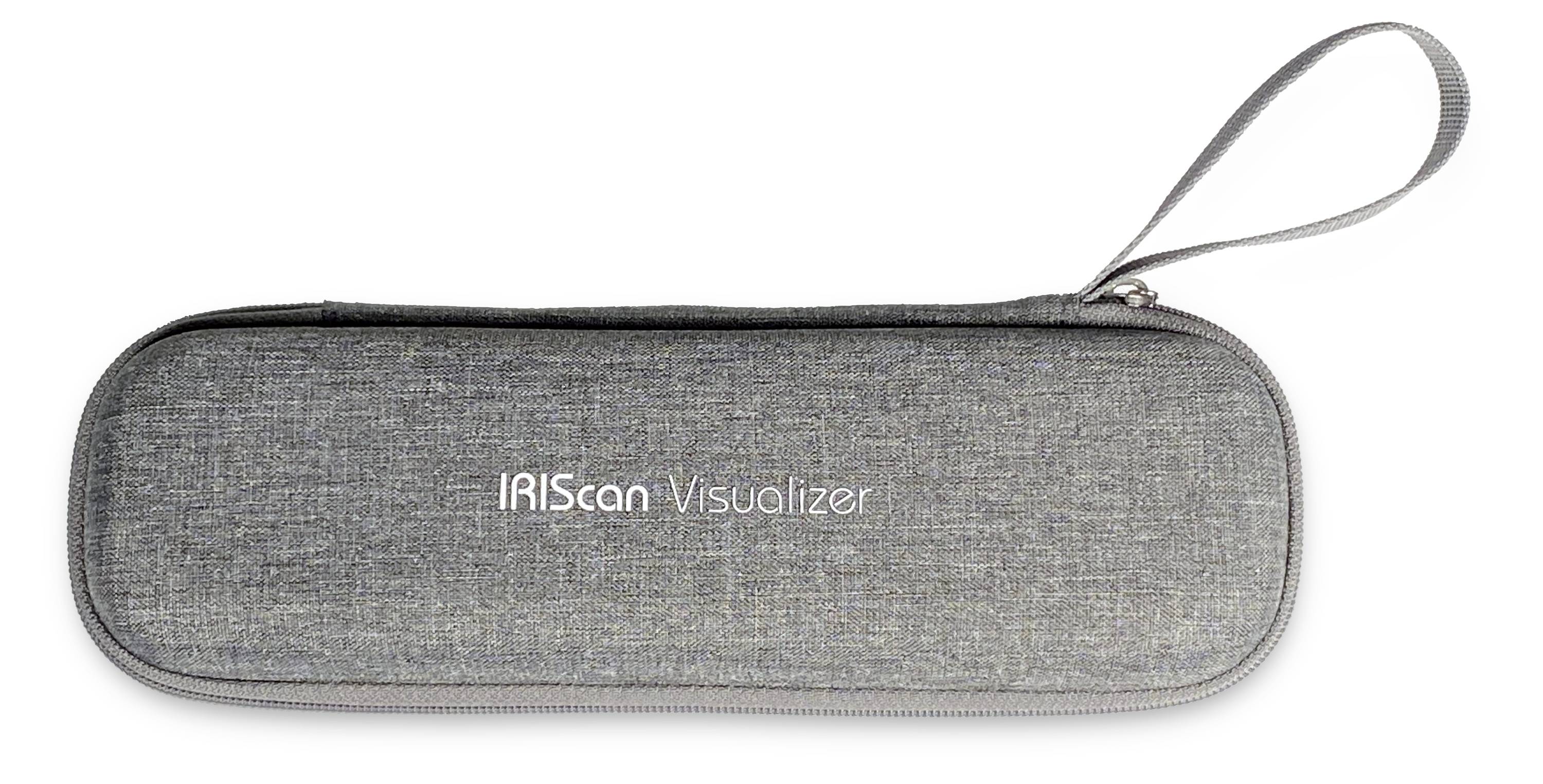 Eine graue, rechteckige Tragetasche mit Griff und dem Etikett 'IRIScan Visualizer' auf der Vorderseite.
