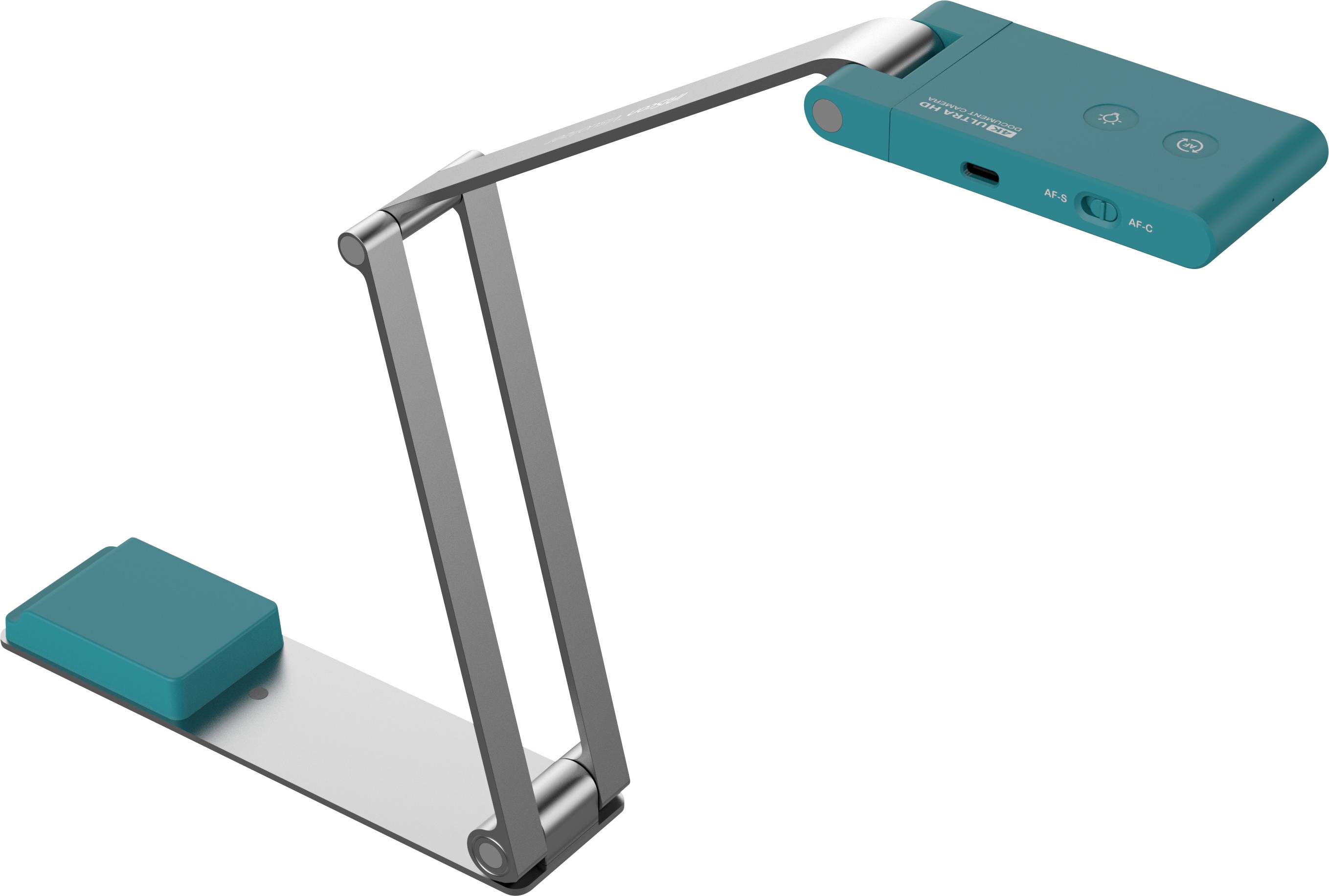 Eine petrolblaue und graue verstellbare Schreibtischlampe mit elegantem, modernem Design und einem USB-Ladeanschluss am Lampenkopf.