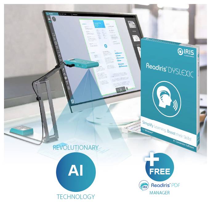 Das Bild zeigt eine Präsentation der Software 'Readiris Dyslexic' mit einem Scanner, der Daten auf einen Bildschirm projiziert und dabei die 'Revolutionäre KI-Technologie' betont.
