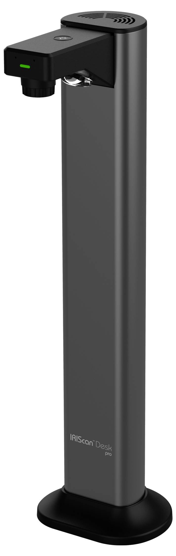 Ein schlanker, schwarzer Dokumentenscanner mit vertikaler Bauweise, ausgestattet mit einer Kamera und Beleuchtung an der Oberseite zum Scannen von Dokumenten von oben.