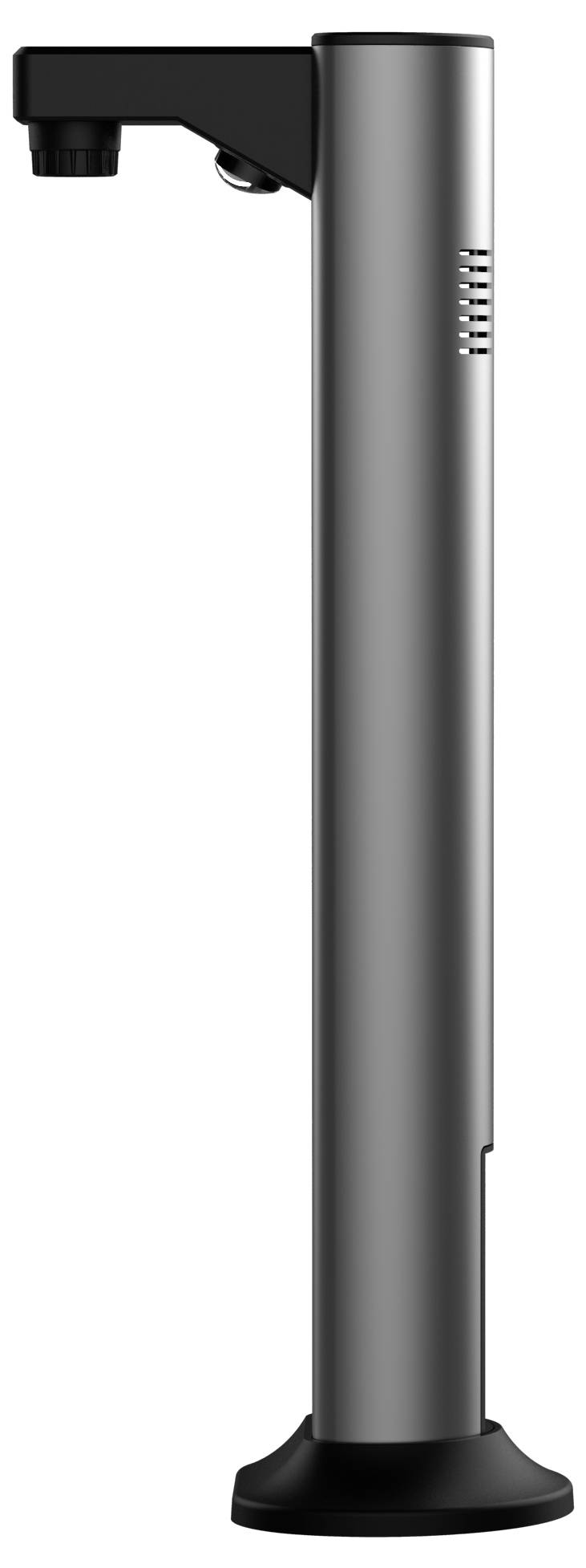 Ein schlanker, moderner Metall-Wasserspender mit stromlinienförmigem Design, ausgestattet mit einem schwarzen Ausguss und Sockel, von der Seite betrachtet.