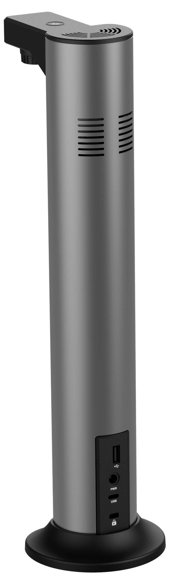 Eine schlanke, hohe, metallische Ladestation mit drahtloser Ladefläche oben und mehreren Anschlüssen, darunter USB und Audio an der Basis.