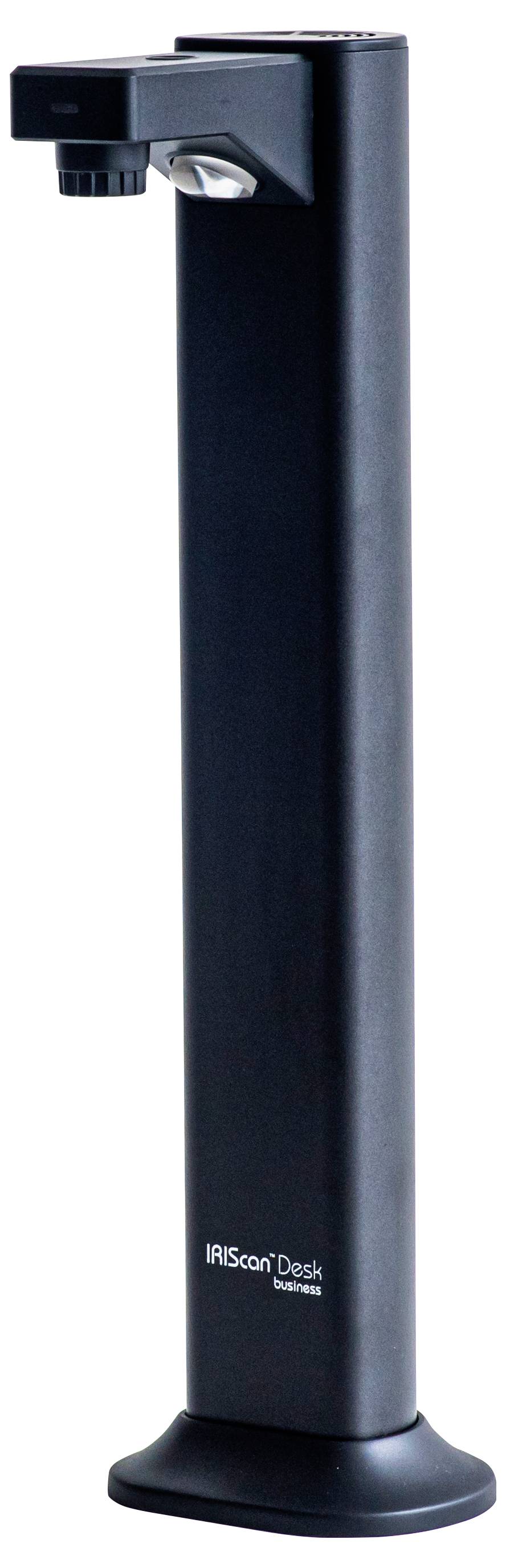 Ein schwarzer IRIScan Desk Scanner auf einem Ständer, entwickelt zum Scannen von Dokumenten und Umwandeln in digitales Format. Der Markenname ist sichtbar.
