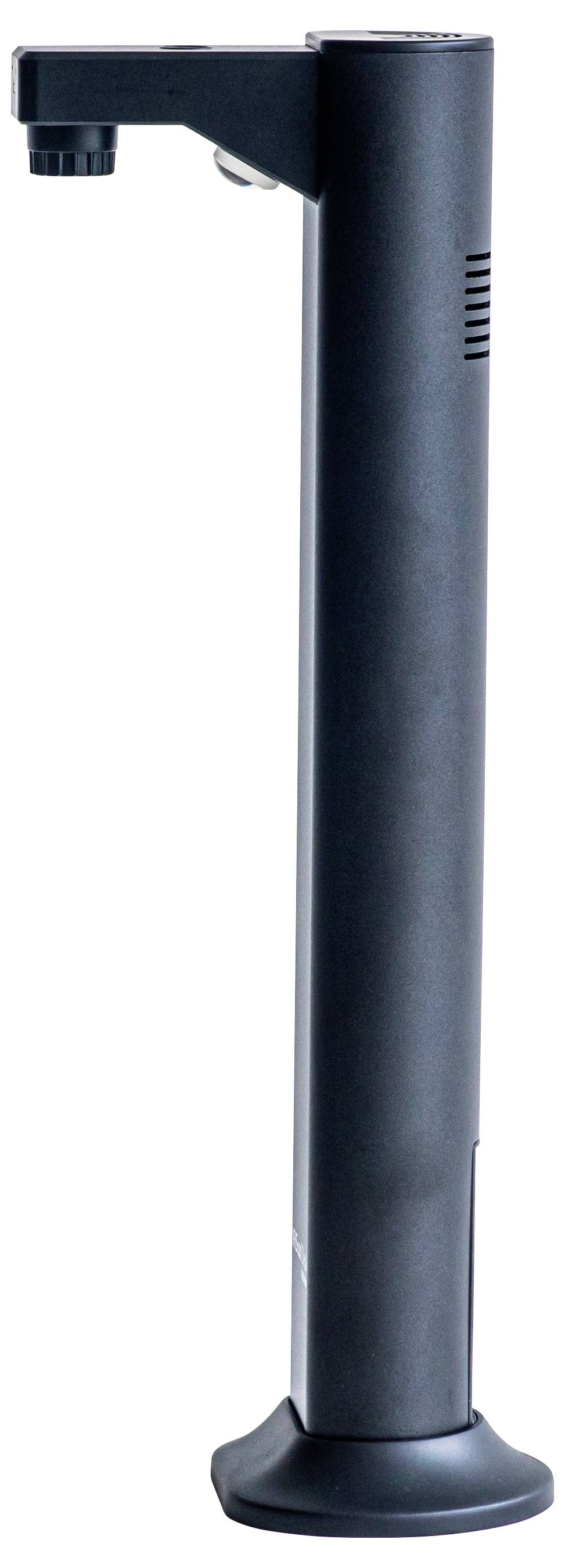 Ein hoher, schlanker, schwarzer elektronischer Apparat, der einer vertikalen Stange mit einer kleinen Ausgussöffnung nahe der Spitze ähnelt und vermutlich zum Ausgeben von etwas dient.