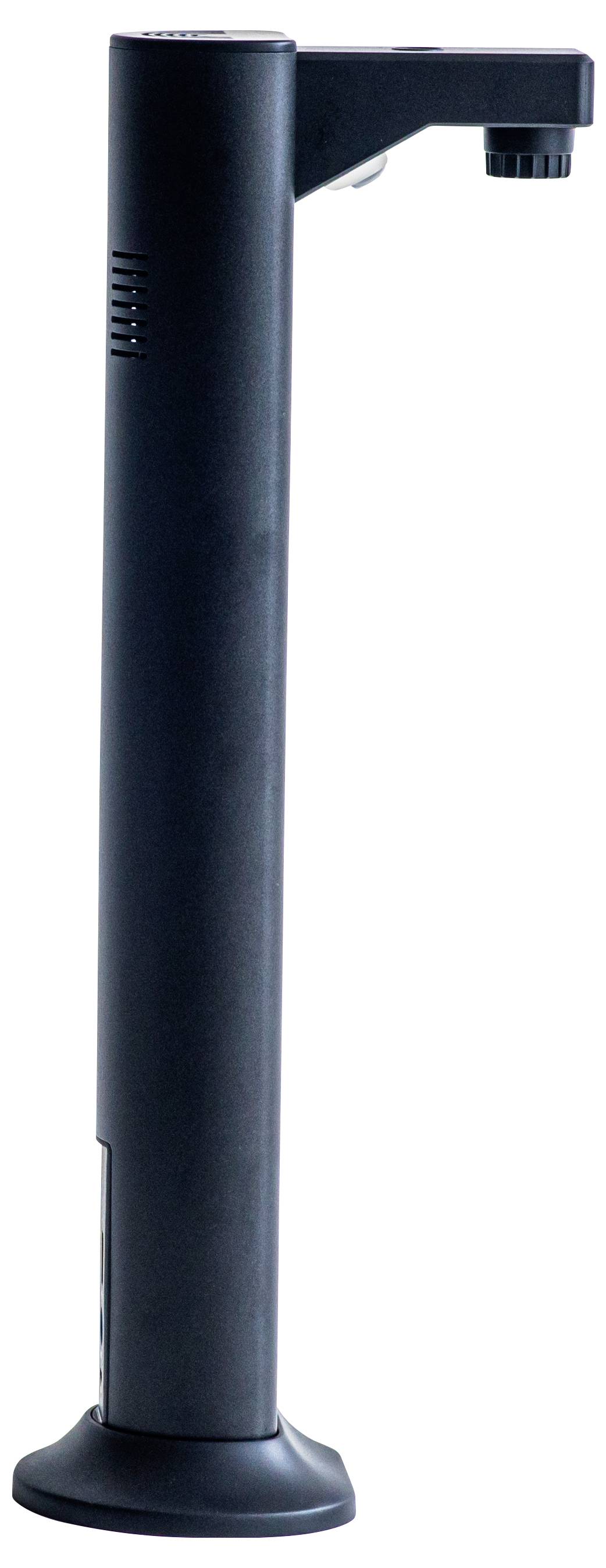 Ein schlanker, zylindrischer schwarzer Wasserspender mit einem Ausguss oben, der für moderne Küchenarbeitsplatten konzipiert ist.