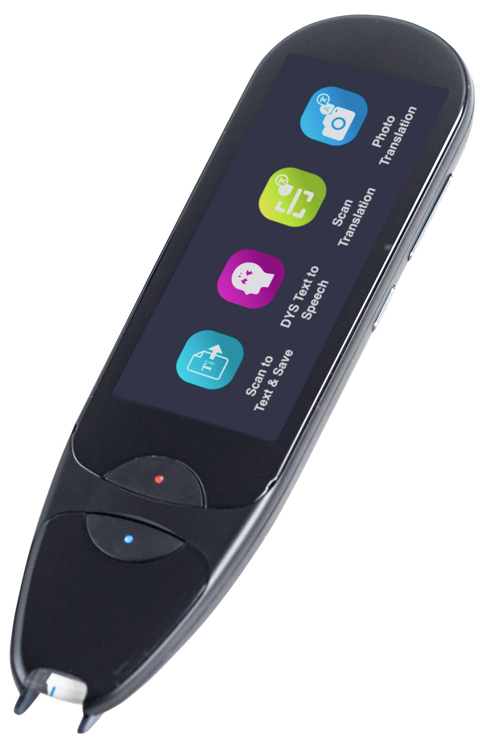 Ein tragbarer Textscanner mit Symbolen für ‚Scan zu Text', ‚Text-to-Speech für IDs' und ‚Foto-Übersetzung' auf seinem Bildschirm.