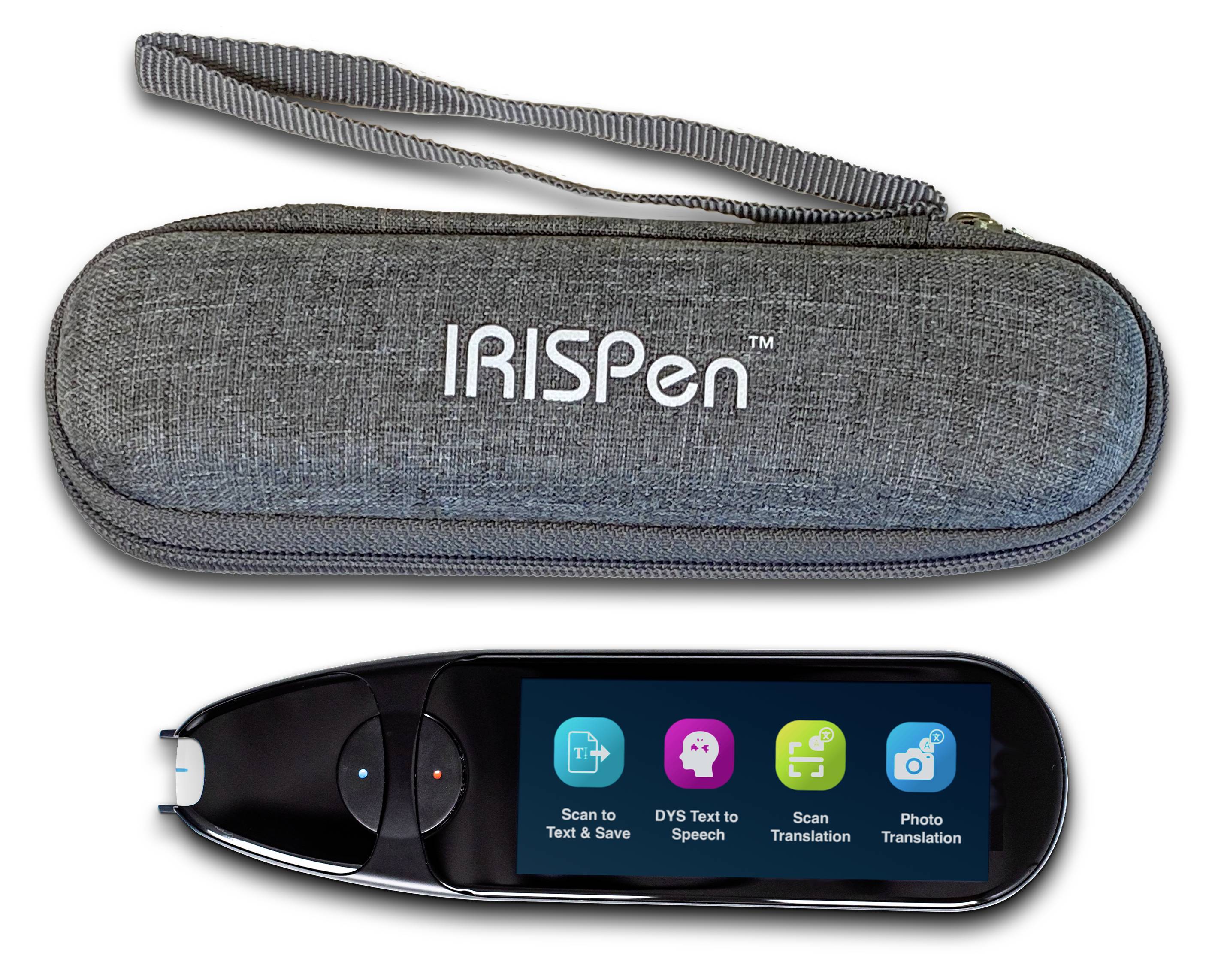 Digitaler Stift mit Display, auf dem Symbole für Text-, Sprach- und Übersetzungsfunktionen zu sehen sind. Inklusive einer grauen Tragetasche mit der Aufschrift 