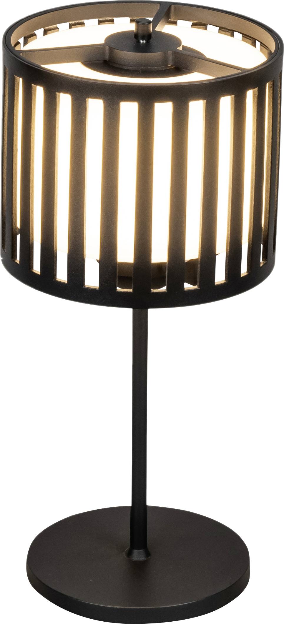 Eine moderne schwarze Tischlampe mit einem zylindrischen Lampenschirm, der vertikale Ausschnitte aufweist und es dem Licht ermöglicht, in Streifen hindurchzuscheinen.