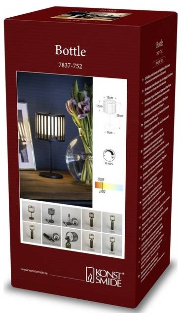 Eine rote Box zeigt eine Tischlampe mit einem gestreiften Schirm, beschriftet mit 'Bottle', mit Abmessungen von 10x25 cm und verschiedenen Beleuchtungseinstellungen.