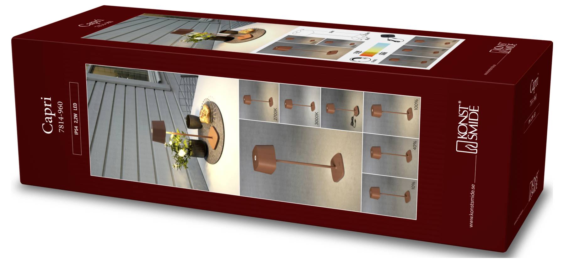 Ein roter Verpackungskarton mit einer Außenlampe in modernem Design. Die Fotos auf der Schachtel zeigen die Lampe in verschiedenen Umgebungen und Perspektiven.