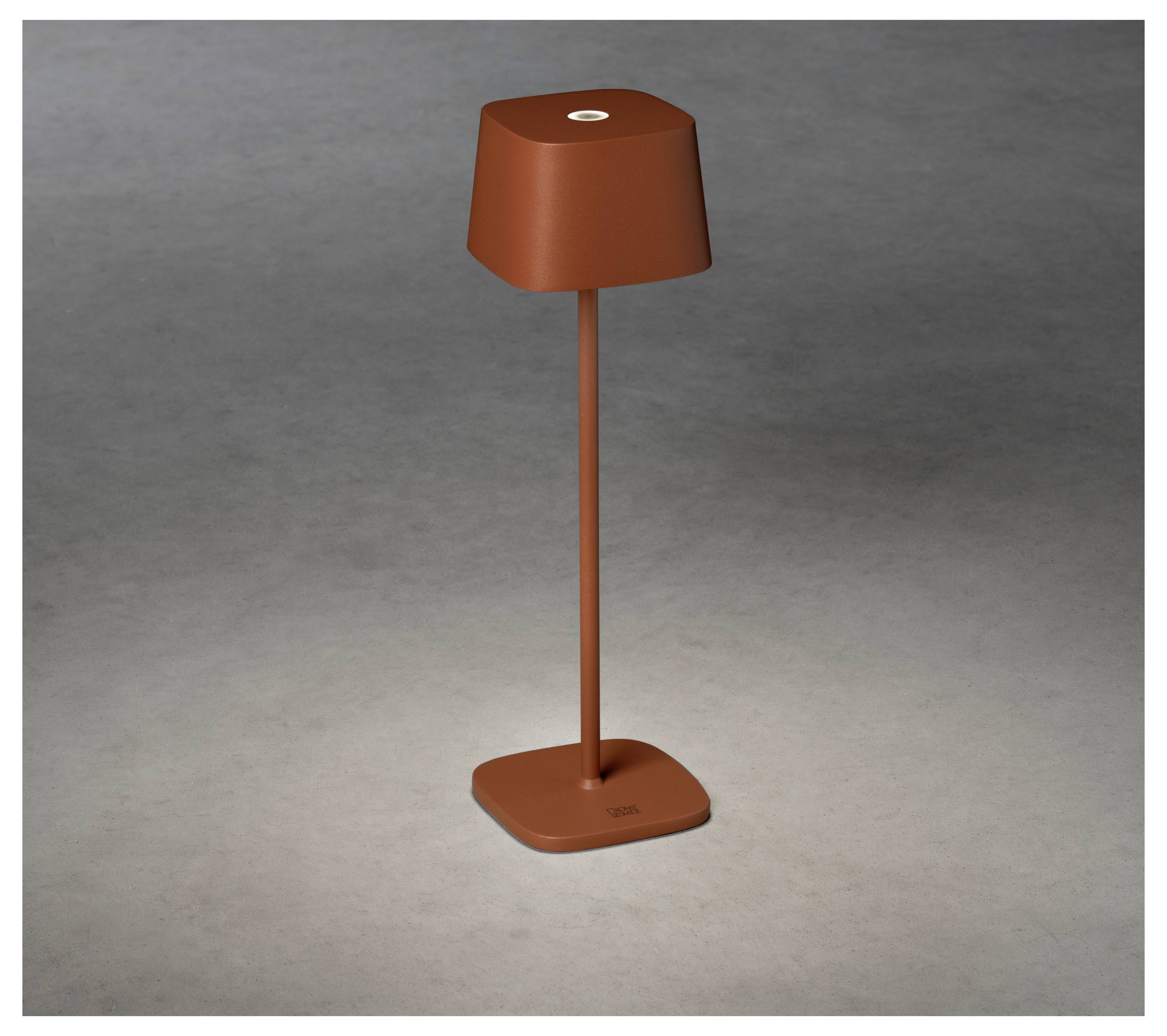 Eine moderne, braune, minimalistische Tischlampe mit einem schlanken Ständer und einer quadratischen Basis, die auf einer schlichten grauen Oberfläche steht.