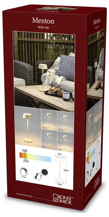 Eine Verpackung für eine 'Menton' Lampe von Konst Smide, mit Abbildungen der Lampe in einer gemütlichen Außenumgebung und Diagrammen, die Abmessungen und Merkmale zeigen.