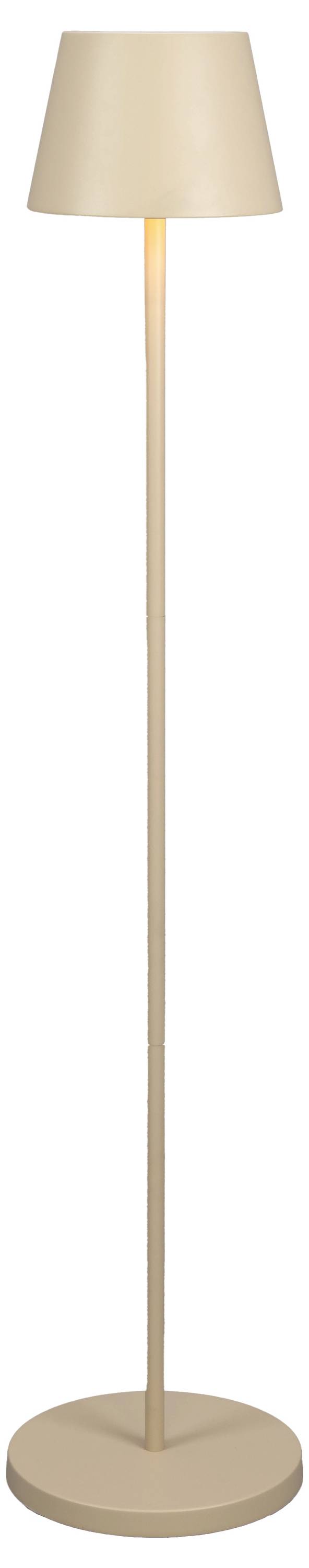 Eine hohe, schlanke beige Stehlampe mit einem konischen Lampenschirm, die auf einer runden Basis steht und ein warmes Licht ausstrahlt, passend für moderne Einrichtung.