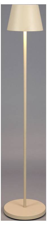 Eine hohe, schlanke Stehlampe mit einem beigen Lampenschirm und einem passenden Fuß steht vor einem einfarbigen Hintergrund.