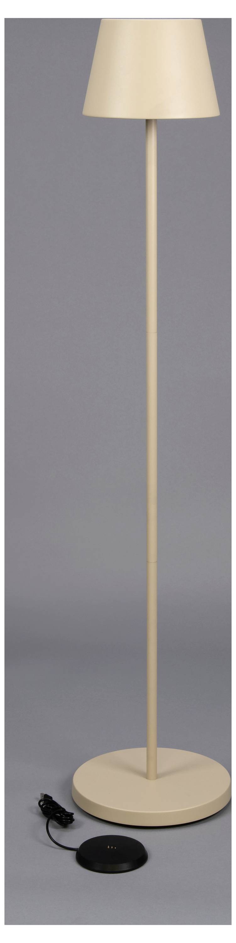 Cremefarbene Stehlampe mit einem konischen Lampenschirm und einer kreisförmigen Basis, vor einem grauen Hintergrund. Netzkabel ist neben der Basis aufgerollt.