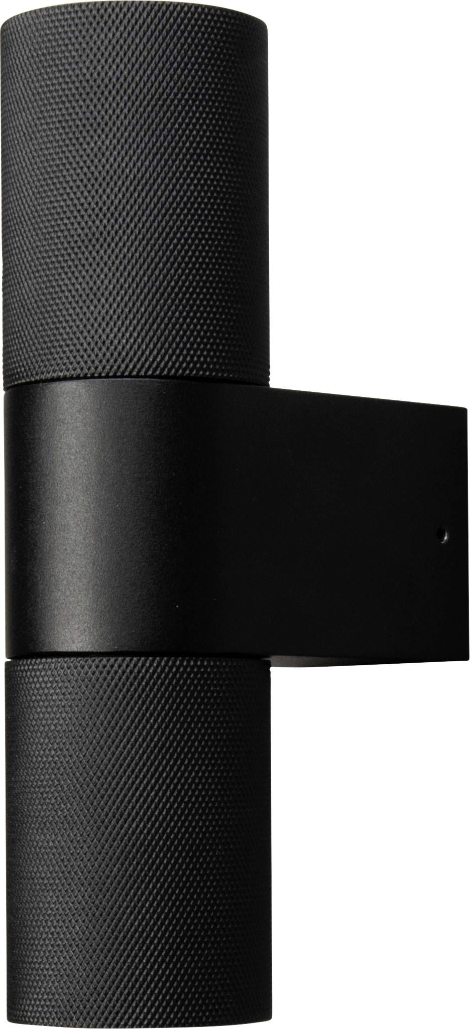 Eine moderne schwarze zylindrische Wandleuchte mit zwei strukturierten Röhrenlichtern, eines zeigt nach oben und eines nach unten, montiert auf einer quadratischen Basis.
