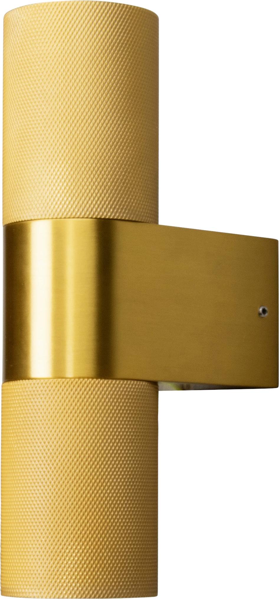 Eine elegante, moderne, wandmontierte Wandleuchte aus Gold mit einer strukturierten zylindrischen Gestaltung, die ein raffiniertes und zeitgenössisches Interieur andeutet.