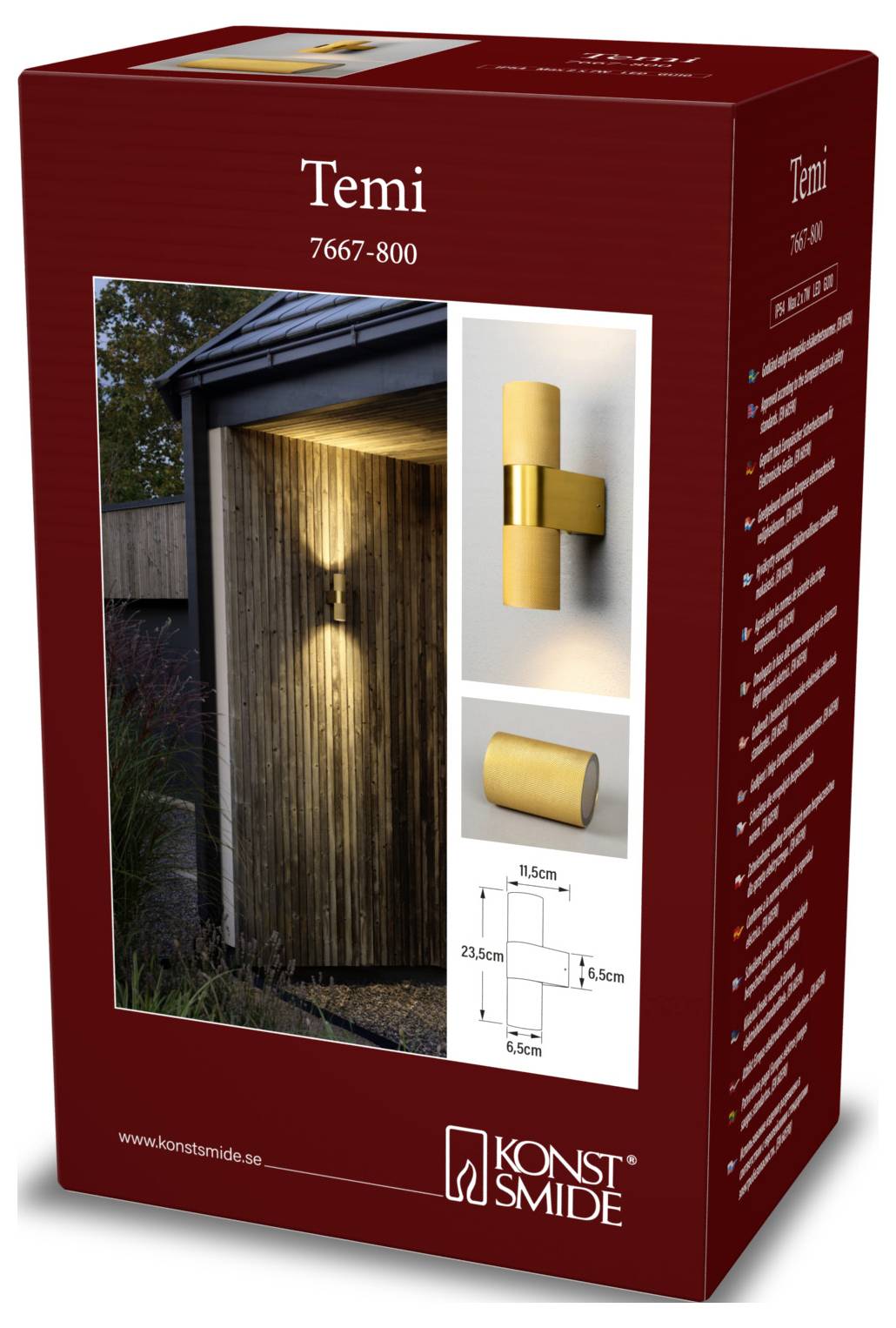 Die Verpackung des Wandlichts 'Temi' zeigt eine zylindrische goldene Außenleuchte. Enthält Abmessungen: 9,5 cm Breite, 21,5 cm Höhe, 11,5 cm Tiefe.