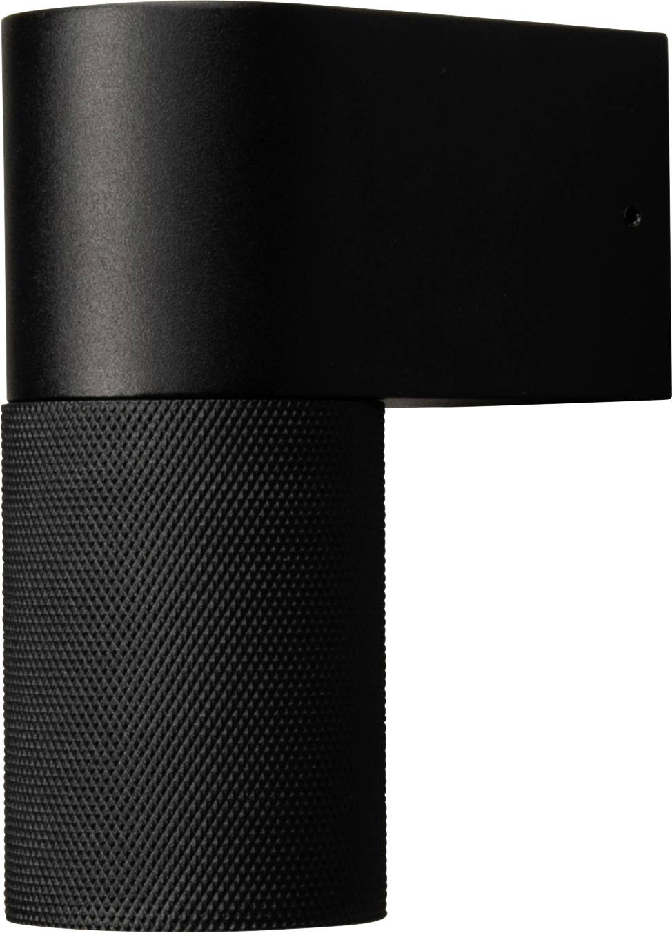 Eine elegante schwarze Wandleuchte mit einer zylindrischen, strukturierten Basis, die sich gut für moderne Innenbeleuchtung eignet.