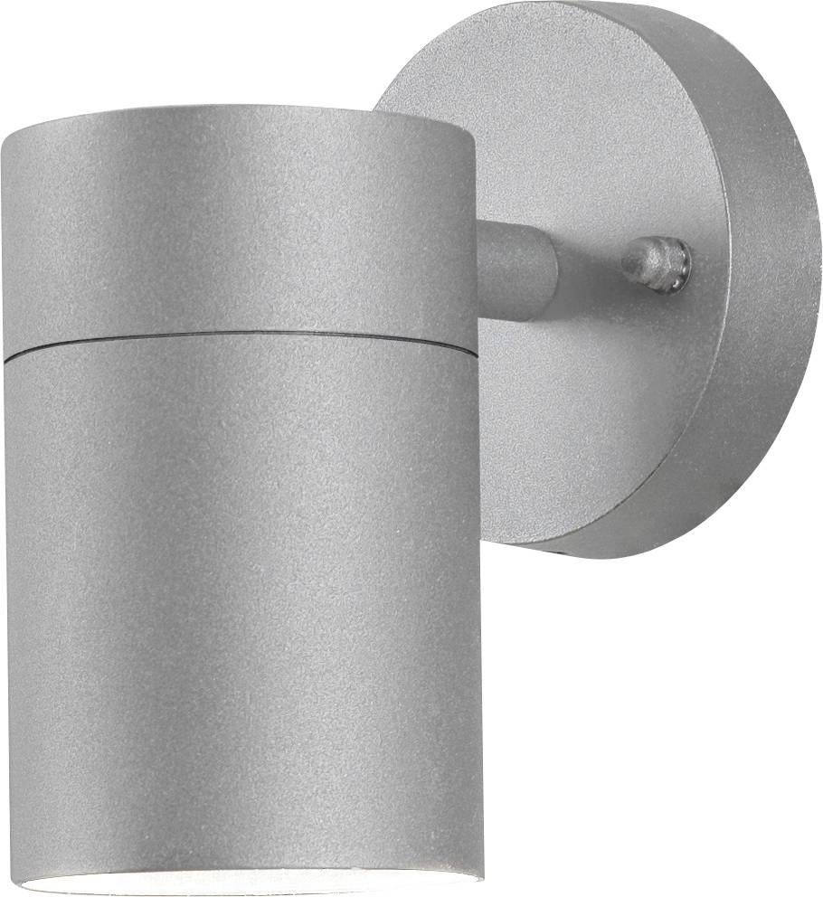 Eine moderne, zylindrische Wandleuchte aus Silber mit rundem Sockel, für den Außeneinsatz konzipiert.