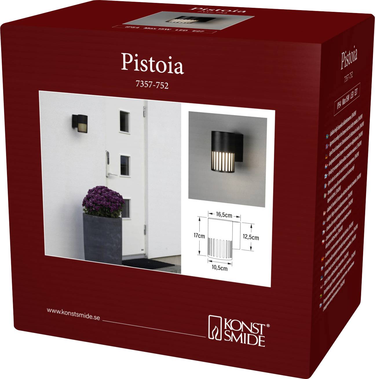 Box packaging for 'Konstsmide Pistoia' outdoor wall light, showing product image, dimensions, and brand logo.