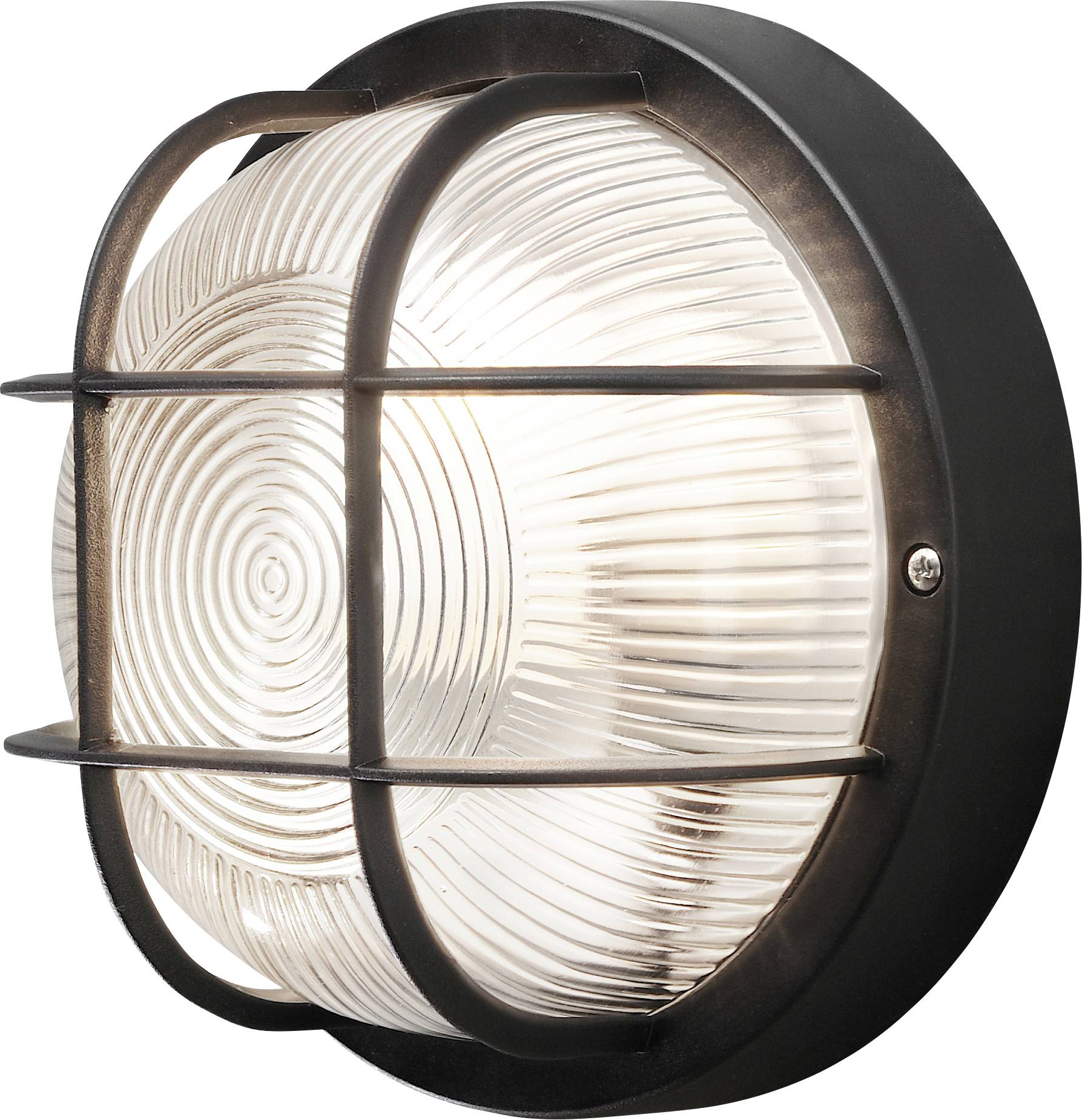 Eine runde, wandmontierte Leuchte im Industriestil mit gerippter Glasabdeckung und Metallgehäuse. Verbreitet ein weiches, warmweißes Licht, das sich ideal für Außenbereiche eignet.