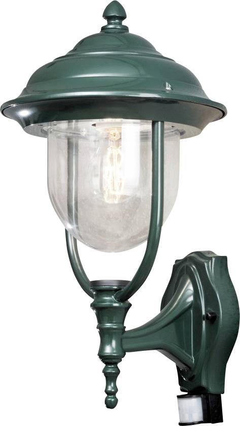 Eine Wandlaterne im Vintage-Stil mit grünem Metallrahmen und klarem Glasschirm, die eine sichtbare Glühbirne im Inneren präsentiert.
