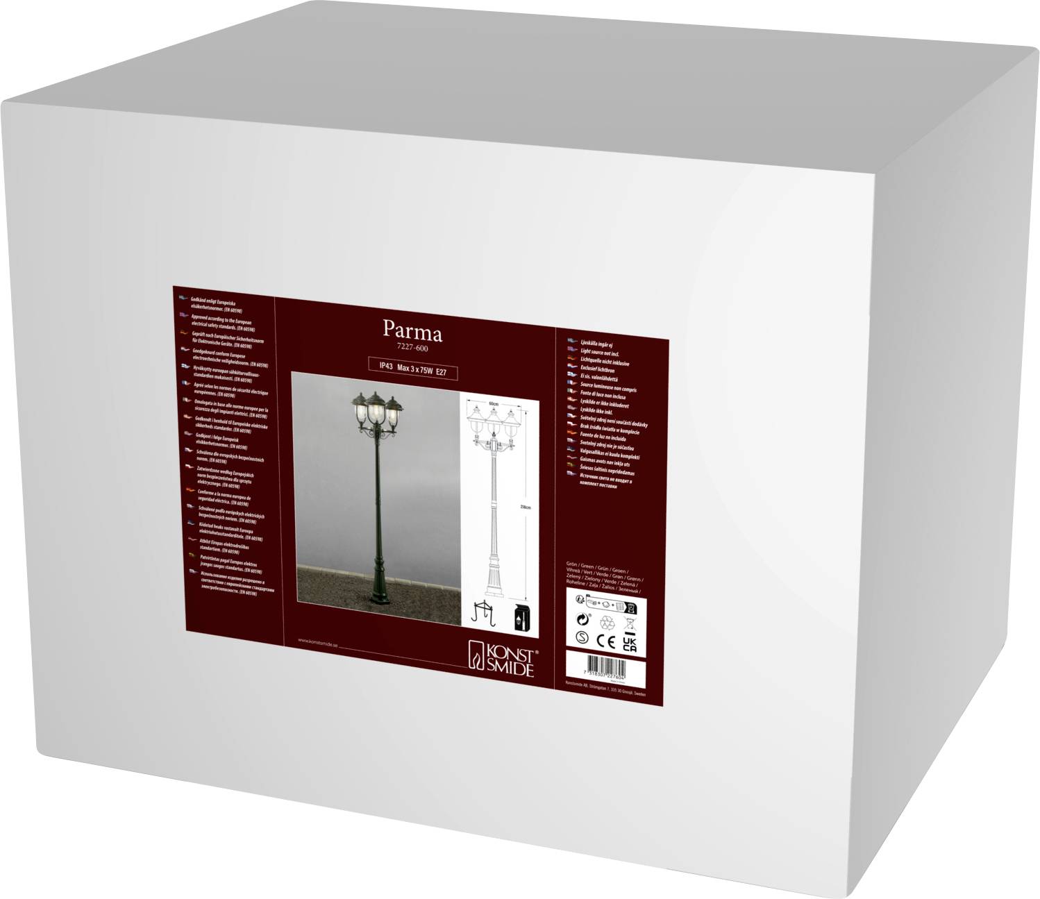 Eine Box mit einem Bild und Details einer Straßenlampe des Typs 'Parma' mit klassischem Design. Das Etikett enthält Maßangaben und ein Foto der montierten Lampe.