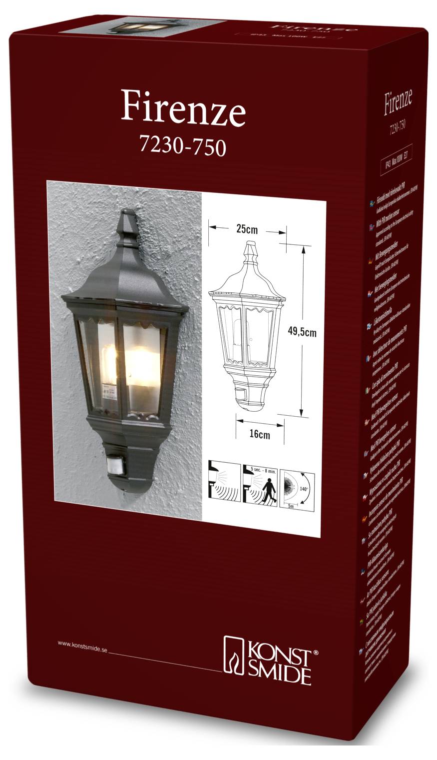 Verpackung der Außenwandleuchte 'Firenze' mit Produktabbildung, Maßangaben (49,5 cm Höhe, 25 cm Breite, 16 cm Tiefe) und Konstsmide-Markenlogo.
