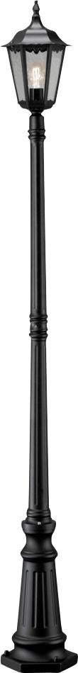 Eine schwarze Straßenlaterne im Vintage-Stil mit einer gläsernen Laterne oben, die angezündet ist und wahrscheinlich für Außenbeleuchtung oder Dekoration verwendet wird.