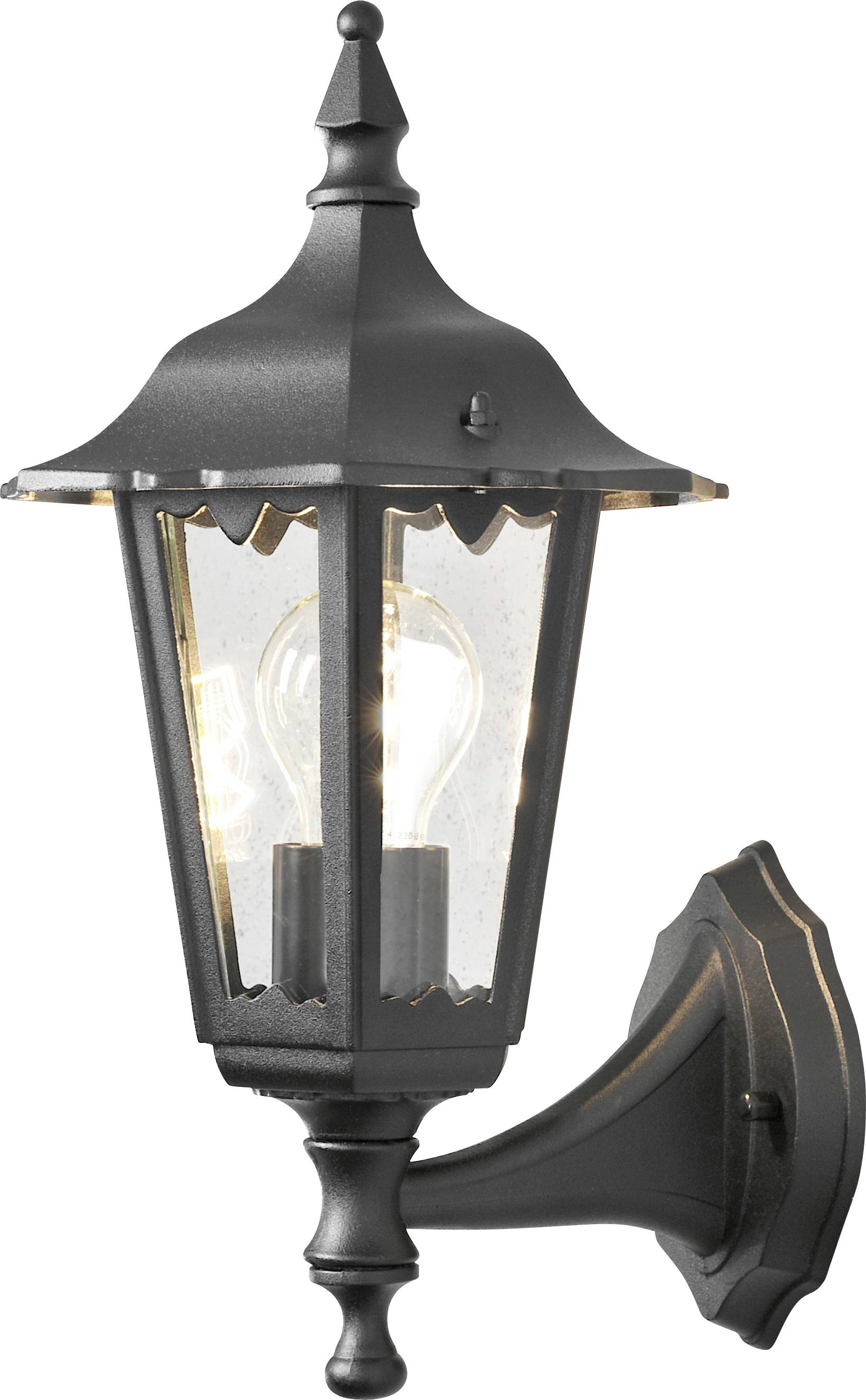 Eine schwarze, im Vintage-Stil gehaltene Außenwandlaterne mit klarem Glasschirm und sichtbarer Glühbirne, montiert auf einer dekorativen Halterung.